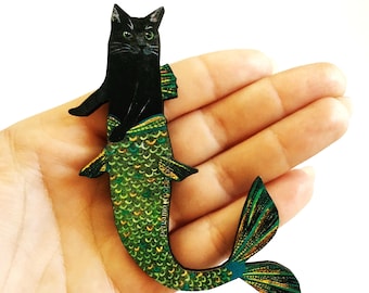 Black Cat Magnet, Cat Mermaid Animal Refrigerator Magnets Fridge Witchy, Weird Florida Laser Cut Wood, Illustrated Witch Gift, Animal Rescue