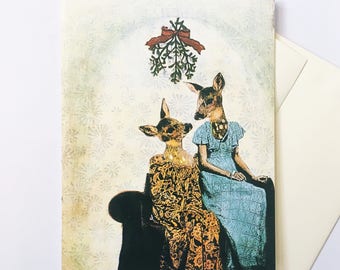 Lesbian Holiday Card or Card Set, Mistletoe Deer Christmas Cards, Unique Gay Retro Illustrated Holiday Card, LGBTQ Cards Queer LGBT Bisexual