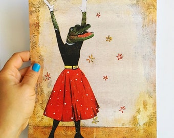 Alligator Art Print, 8x10 Retro Wall Decor, Feminist Girl Power Gifts Boss Lady Feminism, Surreal Vintage Florida Gators, Weird Art Kitsch