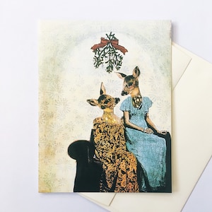 Biglietto natalizio o card set, carte di Natale mistletoe Deer, Unique Gay Retro Illustrated Holiday Card, LGBTQ Cards Queer LGBT Bisexual