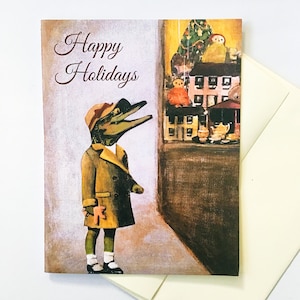 Alligator Holiday Card or Card Set, Weird Christmas Animal Cards Florida Christmas, Unique Nostalgic Holiday Stationery Set FL Fancy Animals