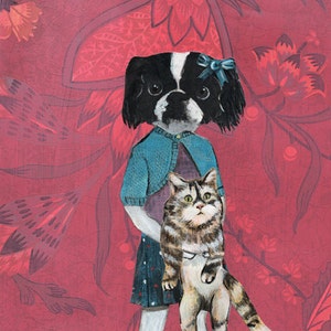 Weird Dog Art Print, 8x10" Japanese Chin Signed Dog and Cat Anthropomorphic Animals in Clothes, Retro Dogs Collage, Red Pink Pattern Art
