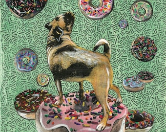 Donut Pug Art Print, 8x10" Funny Dog Wall Art, Weird Puggle Gifts, Donut Lover Decor, Mixed Media Collage, Donut Shop, Animal Rescue Dogs