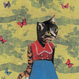 Ausgefallene Katze Karte, Vintage seltsame Katze Grußkarten, verkleidet Katze Dame, Dapper Tiere tragen Kleidung, Retro Tier Kunst Illustration Collage