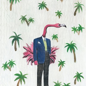 Flamingo Art Print, 8x10 Wall Art per uomini, Florida Bird Lover Decor, Beach House, Vintage Animal Mixed Media Collage, Weird Art Unique Retro