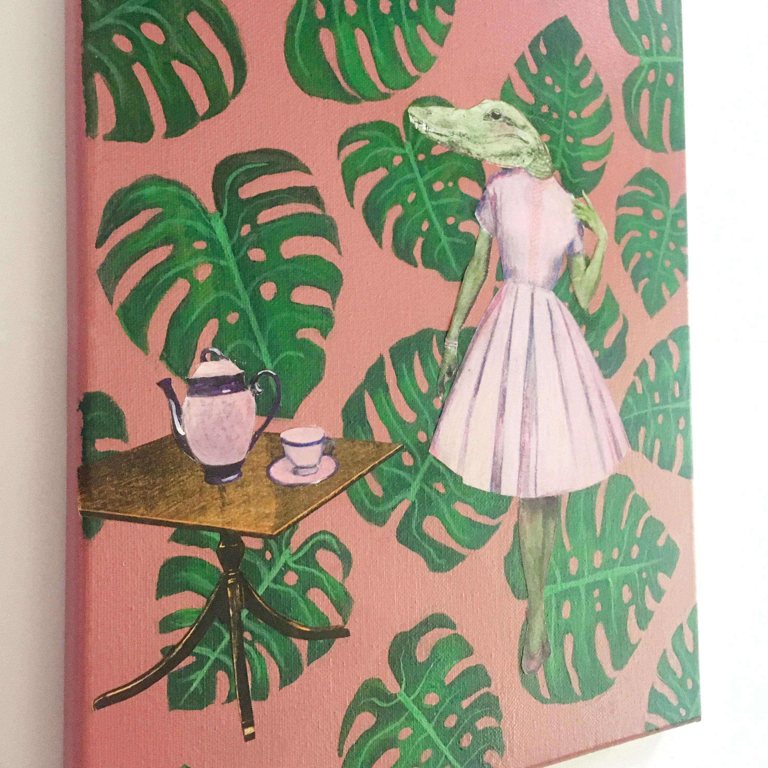 Alligator Painting, Original Animal Gift, Collage Wall Art, Mixed Media Animal Art, Vintage Tea Set, Weird Art on Canvas, Children’s Room - Thumbnail 3