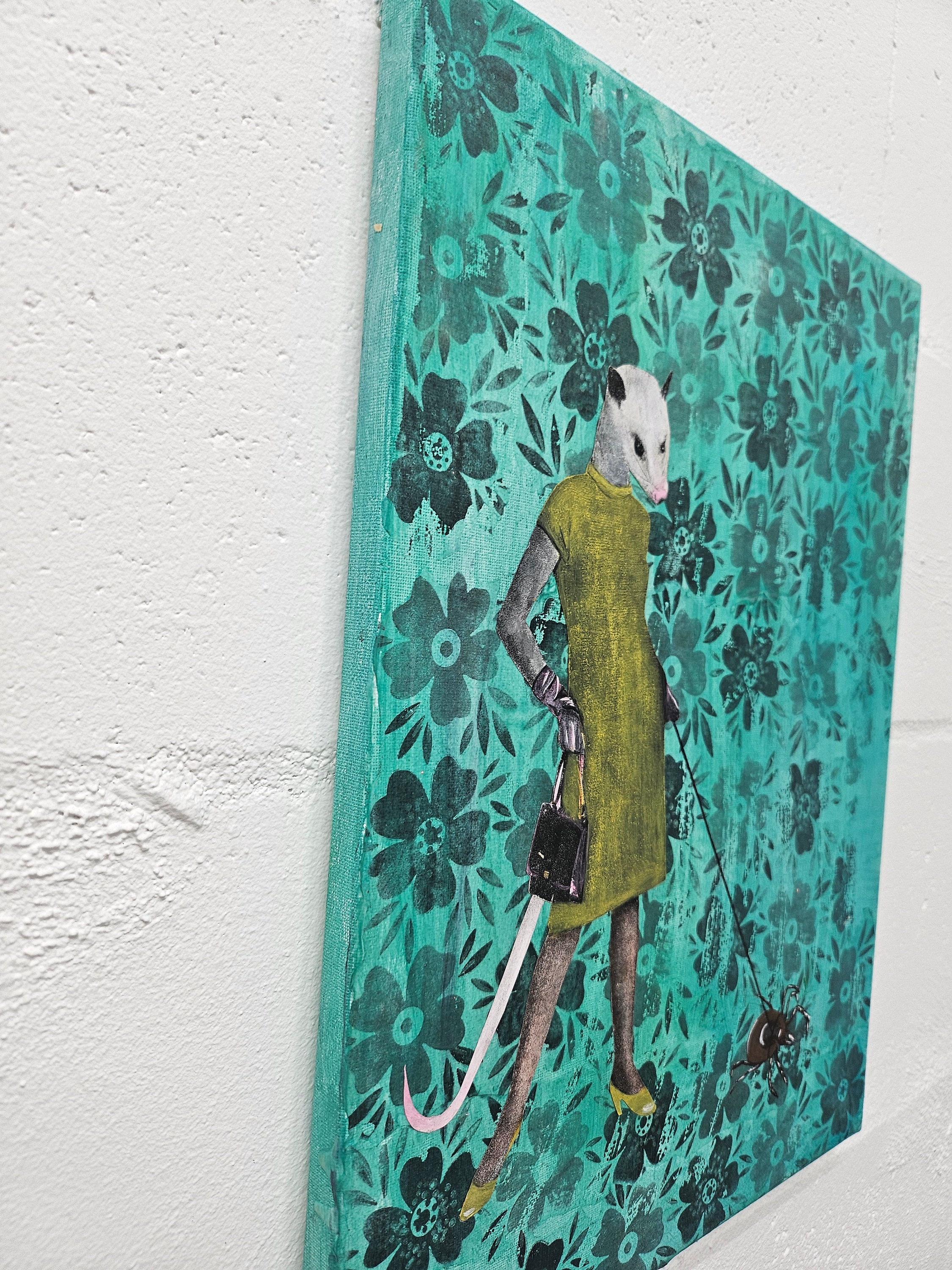 Possum Painting, Original Animal Gift, Collage Wall Art, Mixed Media Animal Art, Vintage Painting, Weird Art on Canvas, Marsupial Funny Tick - Thumbnail 3