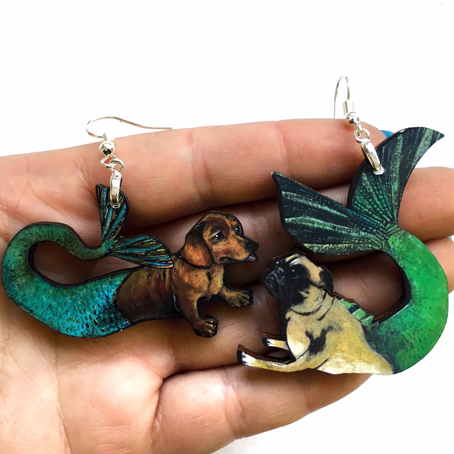 Mismatched Dog Earrings, Fun Mermaid Jewelry, Weird Earrings, Kitsch Pug and Dachshund Laser Cut Wood Animal Gifts, Animal Rescue Gift - Image 1