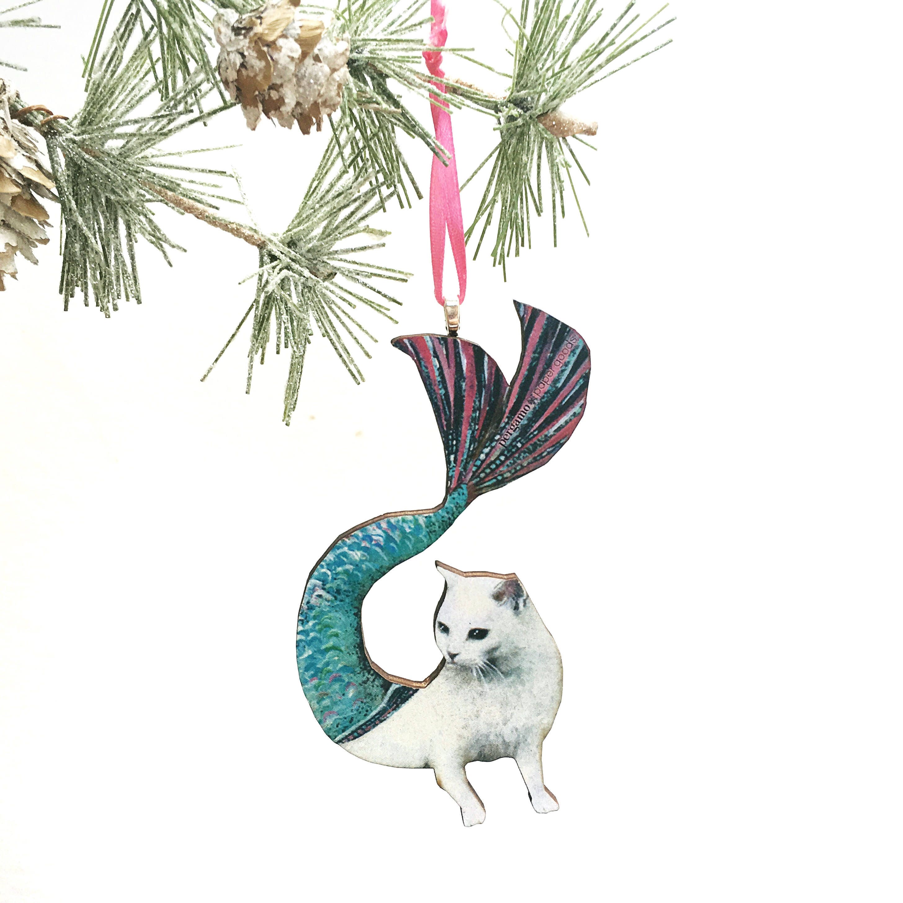 Mermaid Cat Ornament, Collectible Christmas Decoration Ornaments, Weird Gift, Laser Cut Wood, Animal Rescue Foster Gifts for Cat Lovers - Thumbnail 4