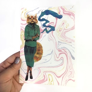 Cannabis Katze Karte, Weird Cat Art, 420 Friendly Marijuana Briefpapier, Dressed Up Animal Art, Surreal Vintage Mode Retro Fun Crazy Cat Lady