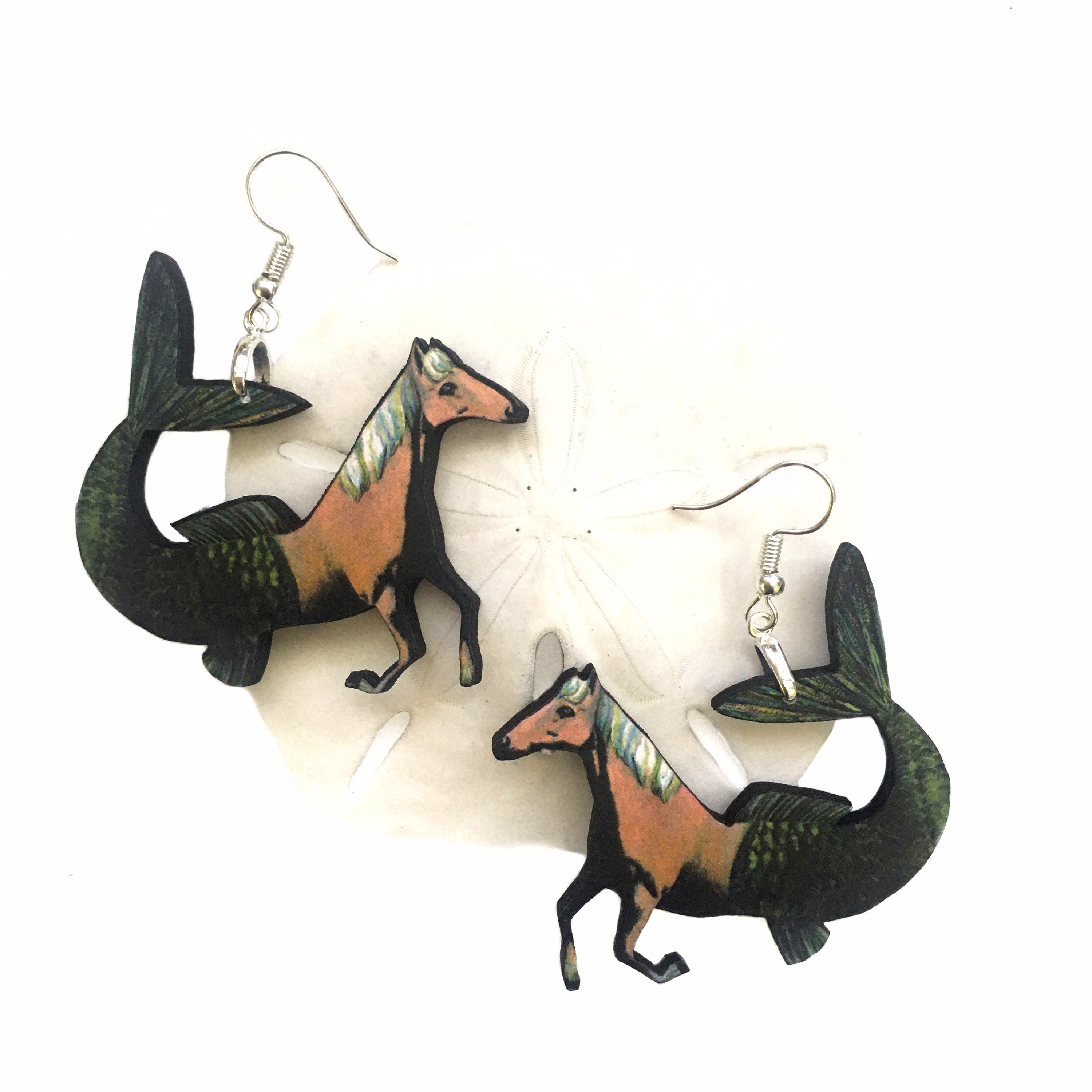 Fantasy Horse Earrings, Mermaid Horse Jewelry, Weird Earrings, Kitsch Clip On Earrings, Surreal Illustrated Retro Art, Vintage Horse Girl - Thumbnail 5