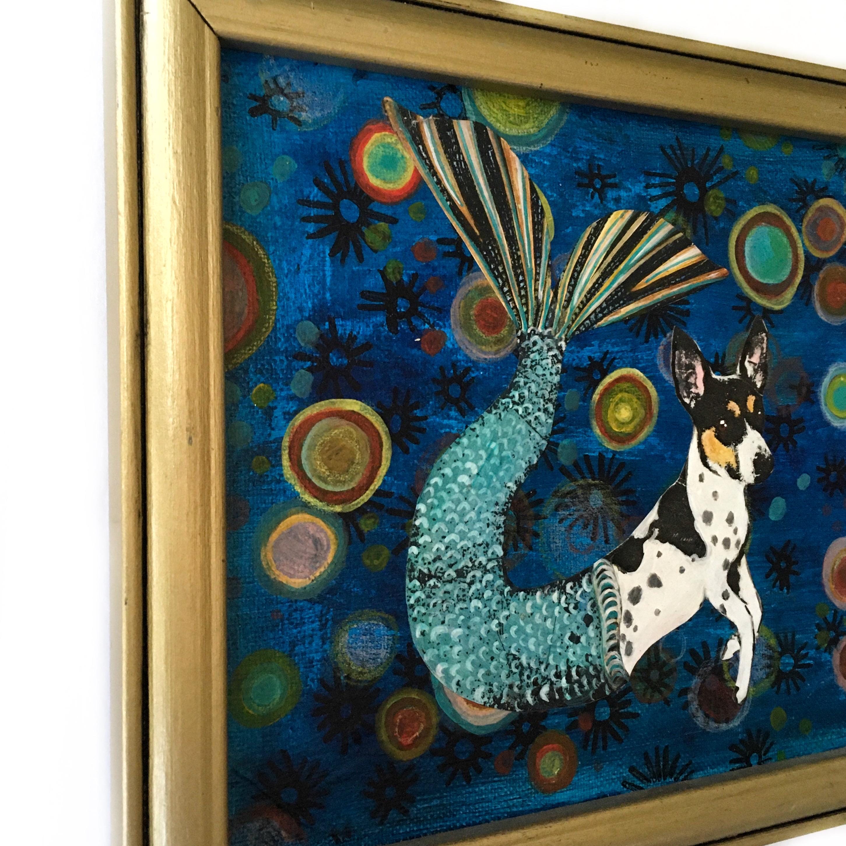 Mermaid Dog Painting, Mermaid Painting, Original Mixed Media Weird Dog Mermaid Art Collage on Canvas 8x10" Dog Memorial Rat Terrier Wall Art - Thumbnail 2