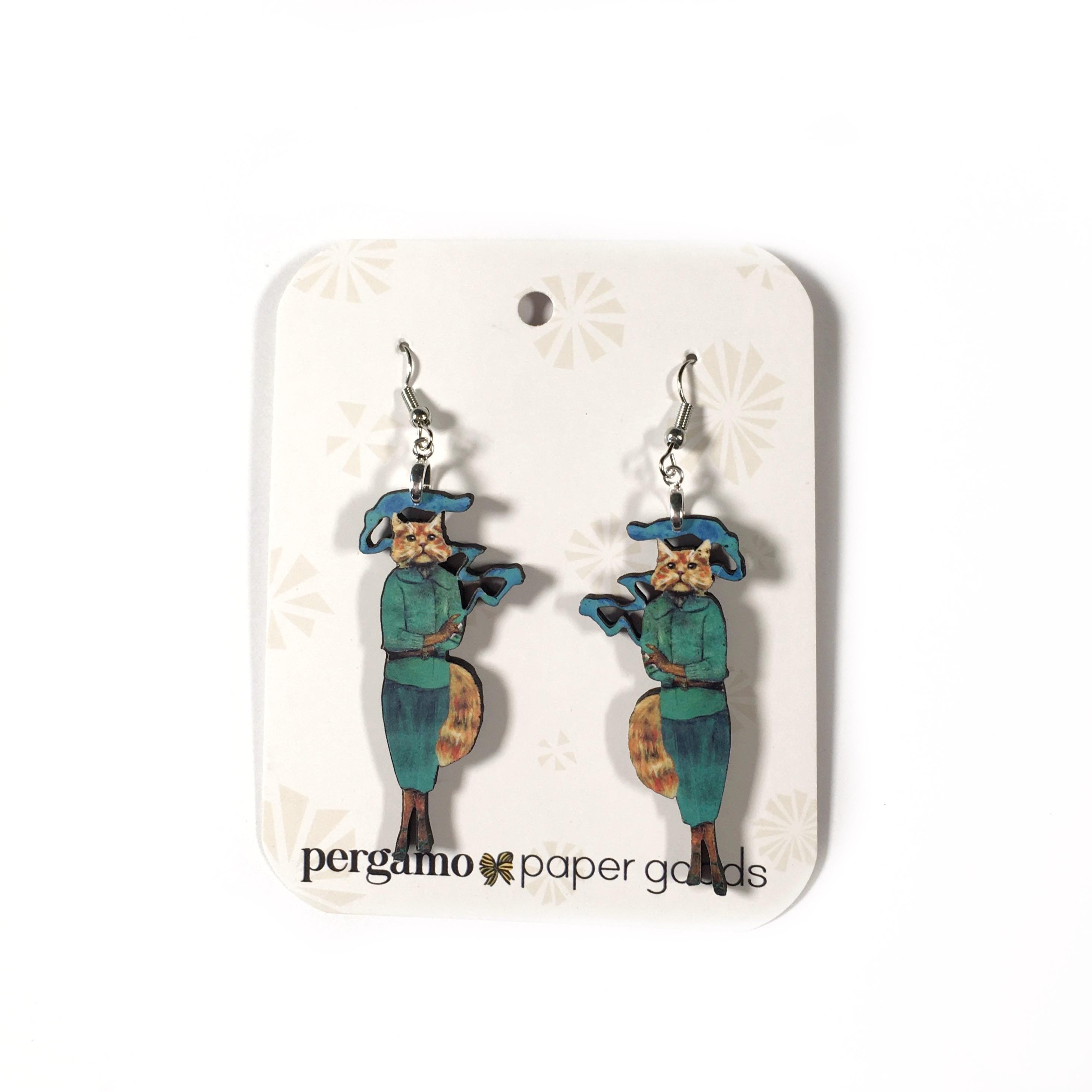 Cannabis Cat Earrings, Weird Lightweight Wood Animal Jewelry, Surgical Steel Dangle Clip On Illustrated Dressed Up Cat Smoking Funny - Thumbnail 2