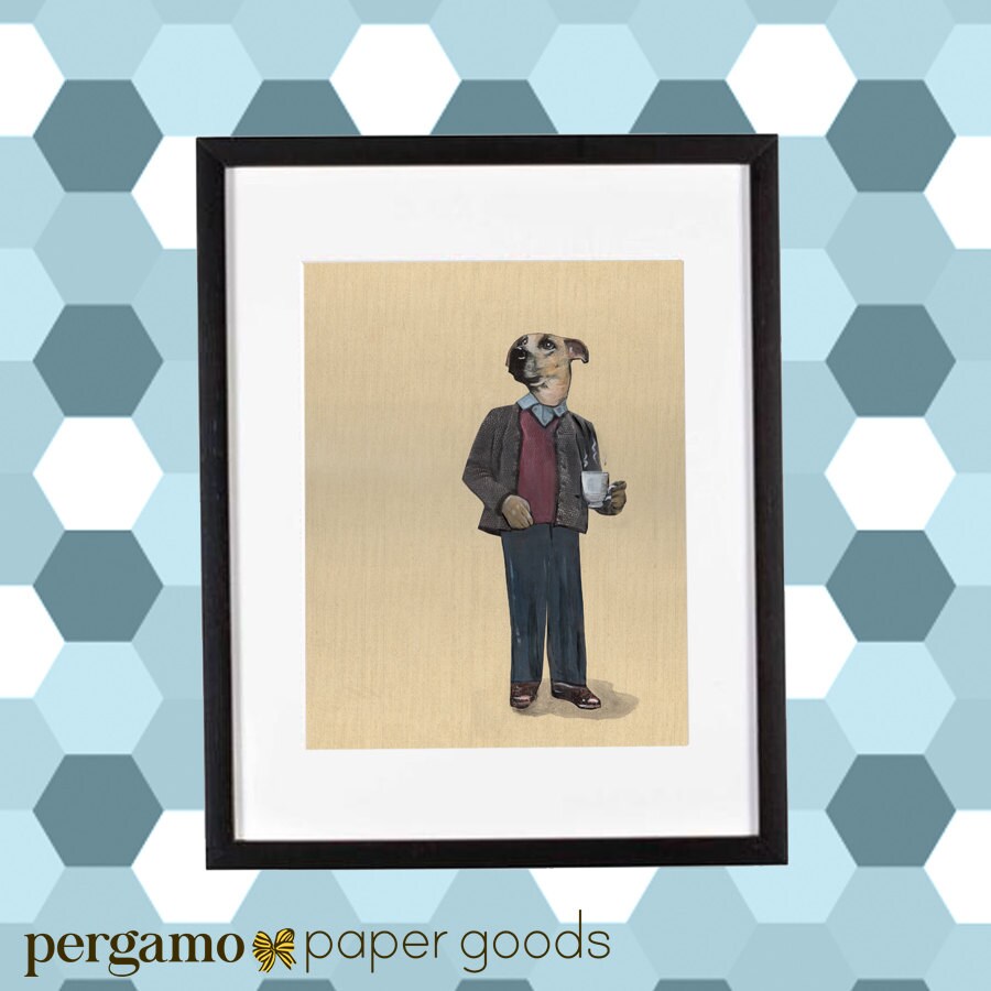 Coffee Dog Art | 8x10 Dog Lover Illustration | Signed Print | Weird Dog Wearing Clothes | Unique Mixed Media Framable Art | Kitchen Art Tea - Thumbnail 2