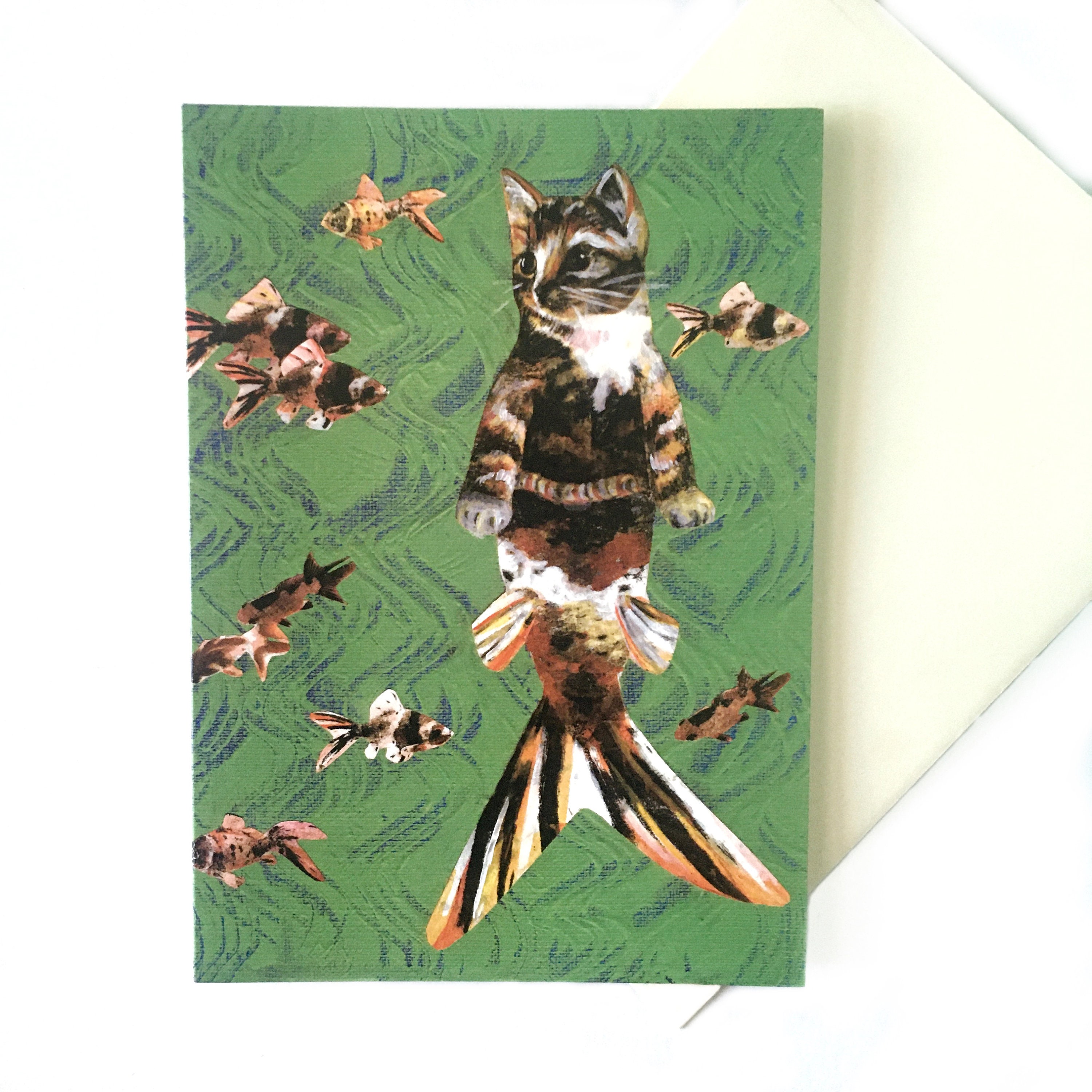Mermaid Cat Card, Orange Cat Lover Mer-Cat Greeting Cards, Unique Illustration, Weird Art, Vintage Mermaid Surreal Calico Kitten Rescue - Thumbnail 3