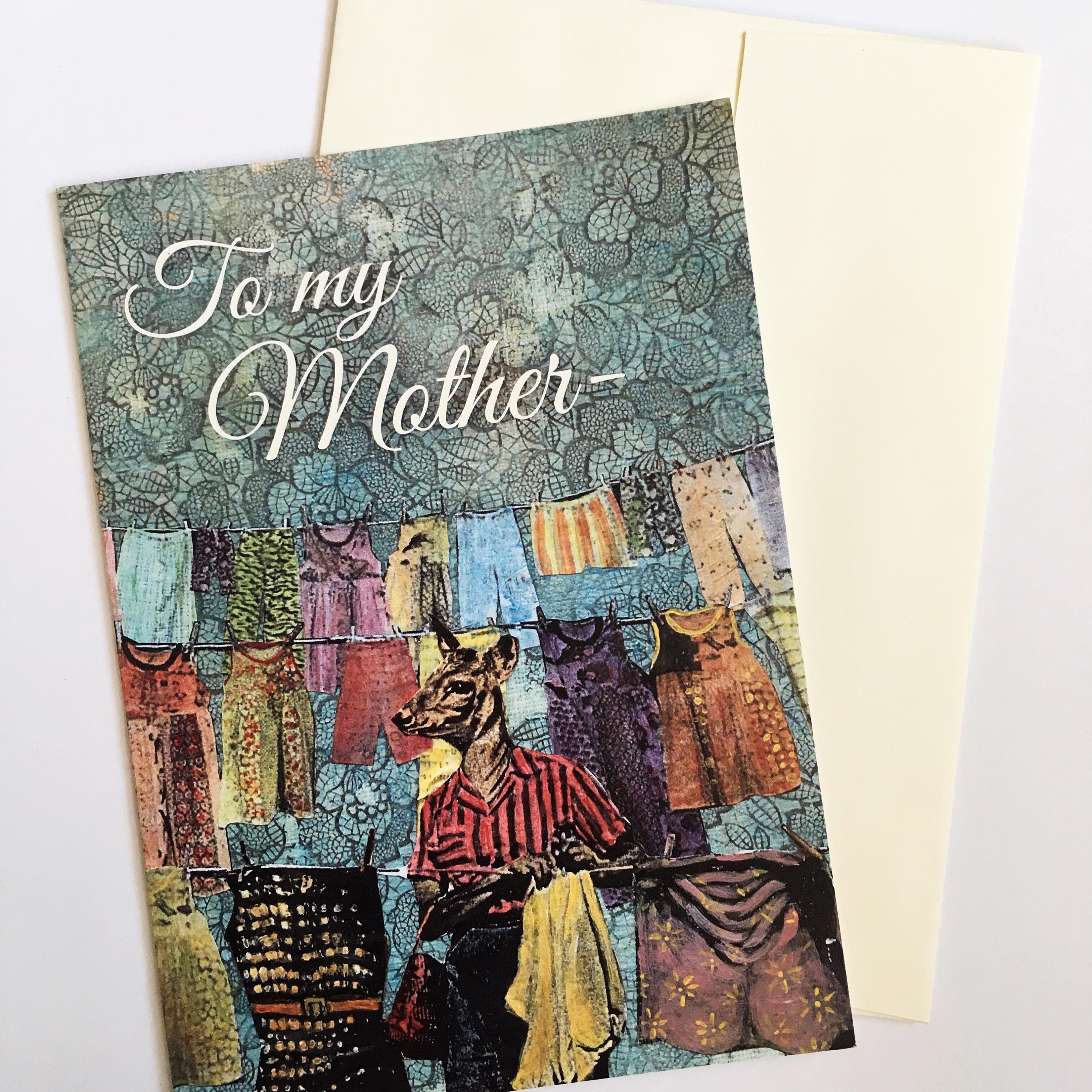Mom Deer Card, Vintage Mother's Day Greeting Cards for Mom, Animal Lover Illustrated Collage, Weird Cards for Mother Stationery Doe Fawn - Thumbnail 2