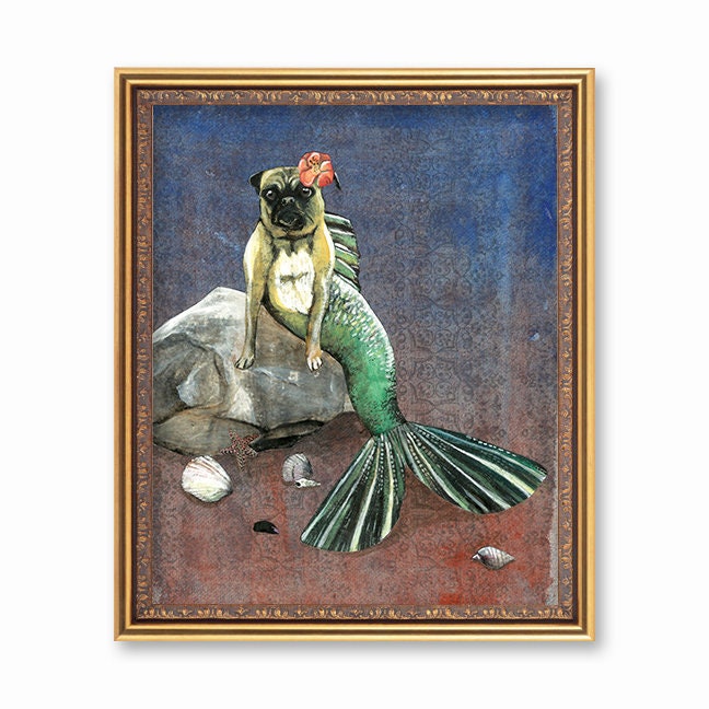 Mermaid Pug Print, 8x10" Pug Wall Art, Dog Mermaid Lover Decor, Weird Pug Lover Gift, Unique Beach House, Vintage Mixed Media Collage Gifts - Thumbnail 2