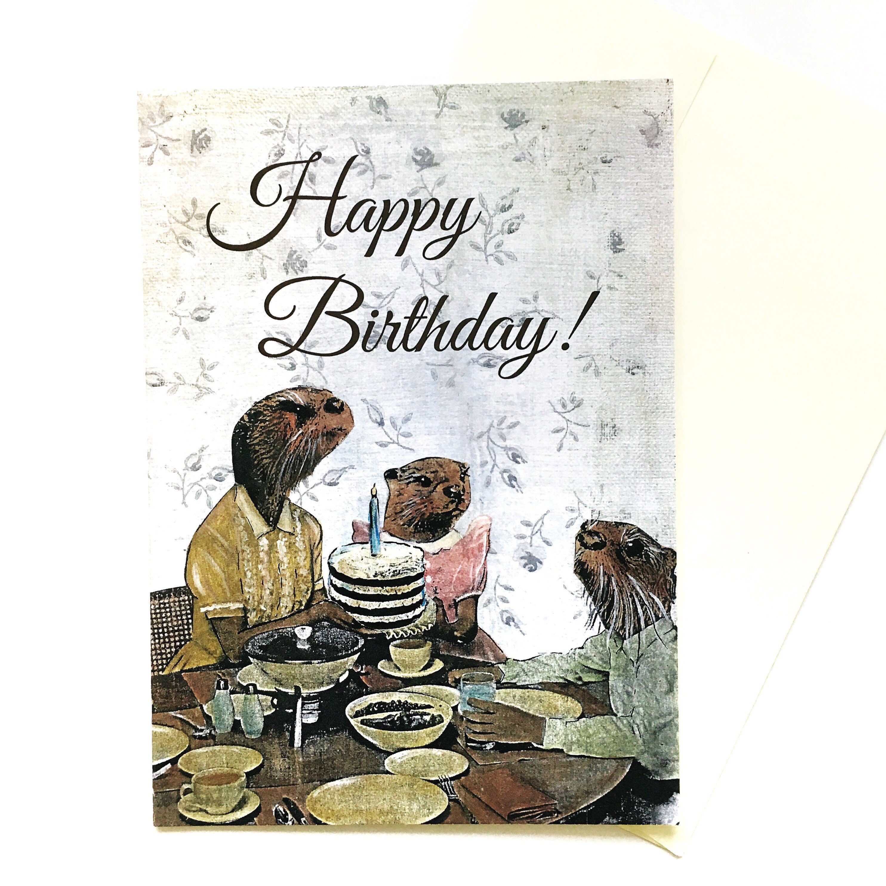 Otter Birthday Card, Illustrated Weird Greeting Cards, Vintage Otters, Unique Retro Animal Art, Rodent Fancy Animals, Wholesale Available