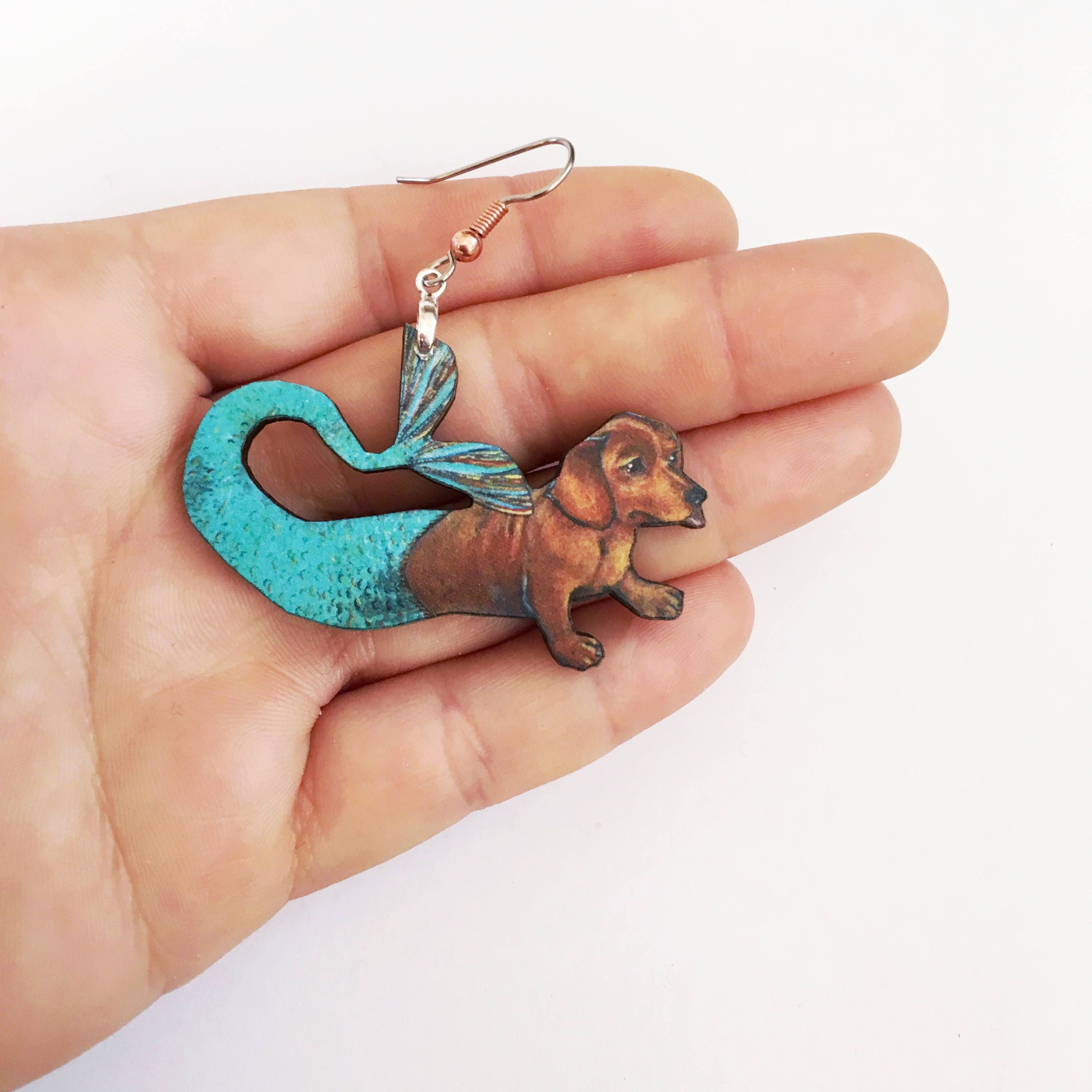 Dachshund Mermaid Earrings, Kitsch Earrings, Weird Earrings, Dog Earrings, Laser Cut Wood Florida Jewelry, Surgical Steel - Thumbnail 3