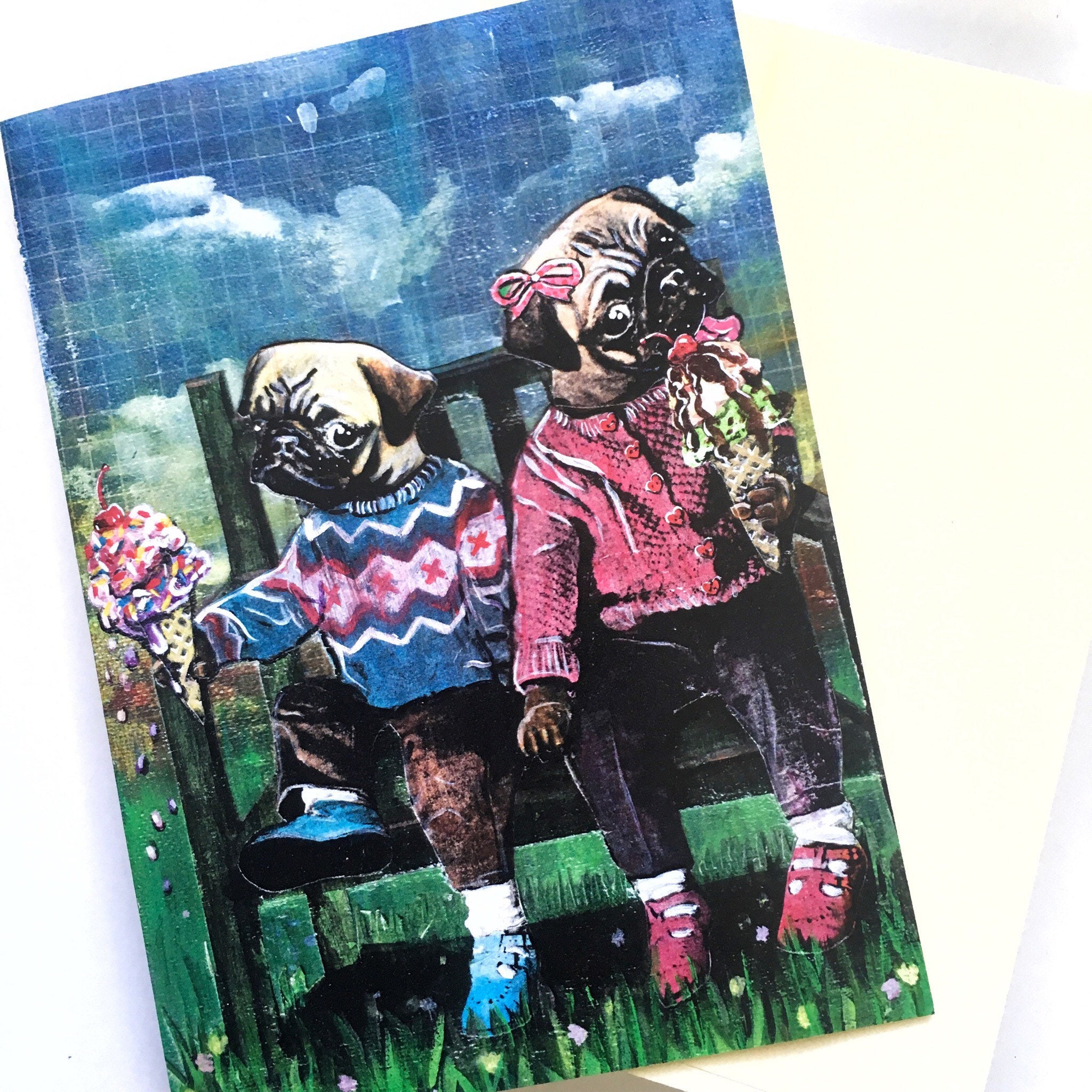 Pugs Card, Kids Birthday Cards, Granddaughter Card, Pug Lover Card, Weird Art Dog Anthropomorphic Retro Vintage Twins Cute Dogs Stationery