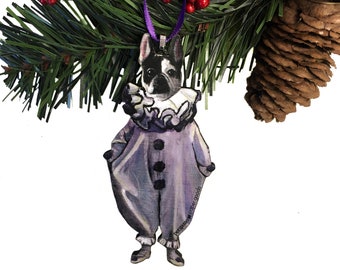 Frenchie Ornament, French Bulldog Holiday Laser Ornaments, Dog Rescue, Animal Lover Weird Christmas Decoration, Vintage Clown Pierrot