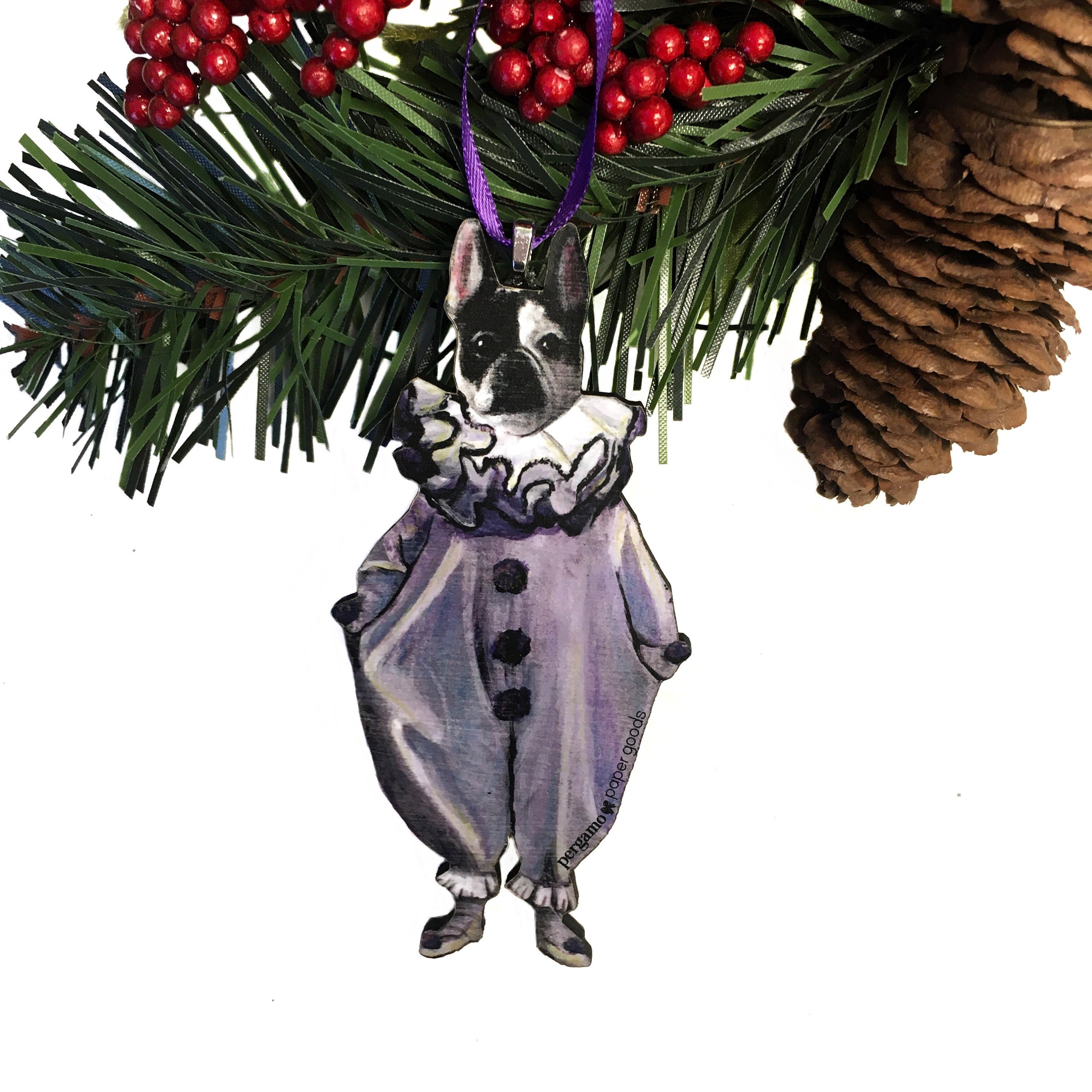 Frenchie Ornament, French Bulldog Holiday Laser Ornaments, Dog Rescue, Animal Lover Weird Christmas Decoration, Vintage Clown Pierrot