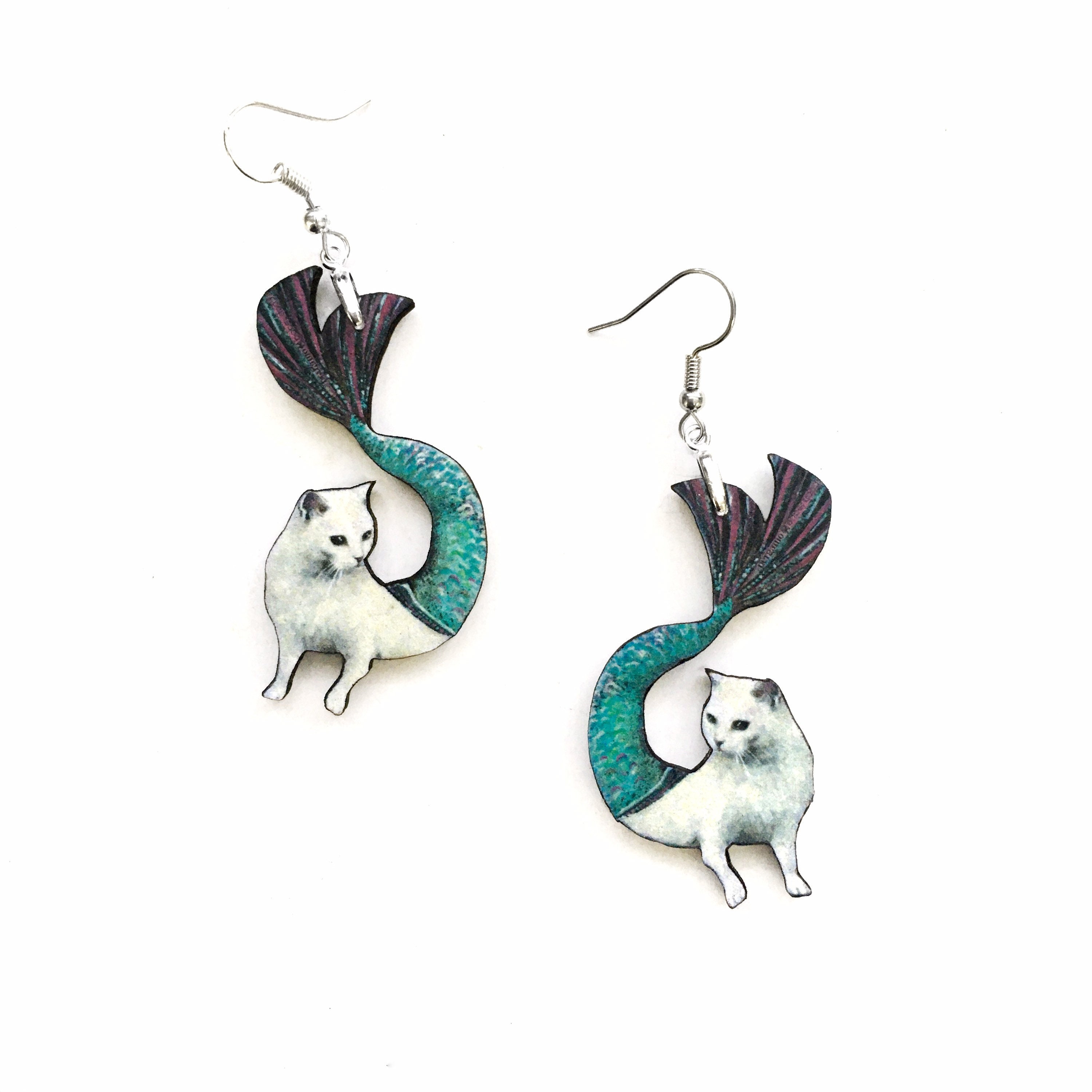 Mermaid Cat Earrings, Cat Jewelry, Weird Earrings, Kitsch Earrings, Stainless Steel Laser Cut Wood Dangle Earrings, Illustrated Retro Cat - Thumbnail 3