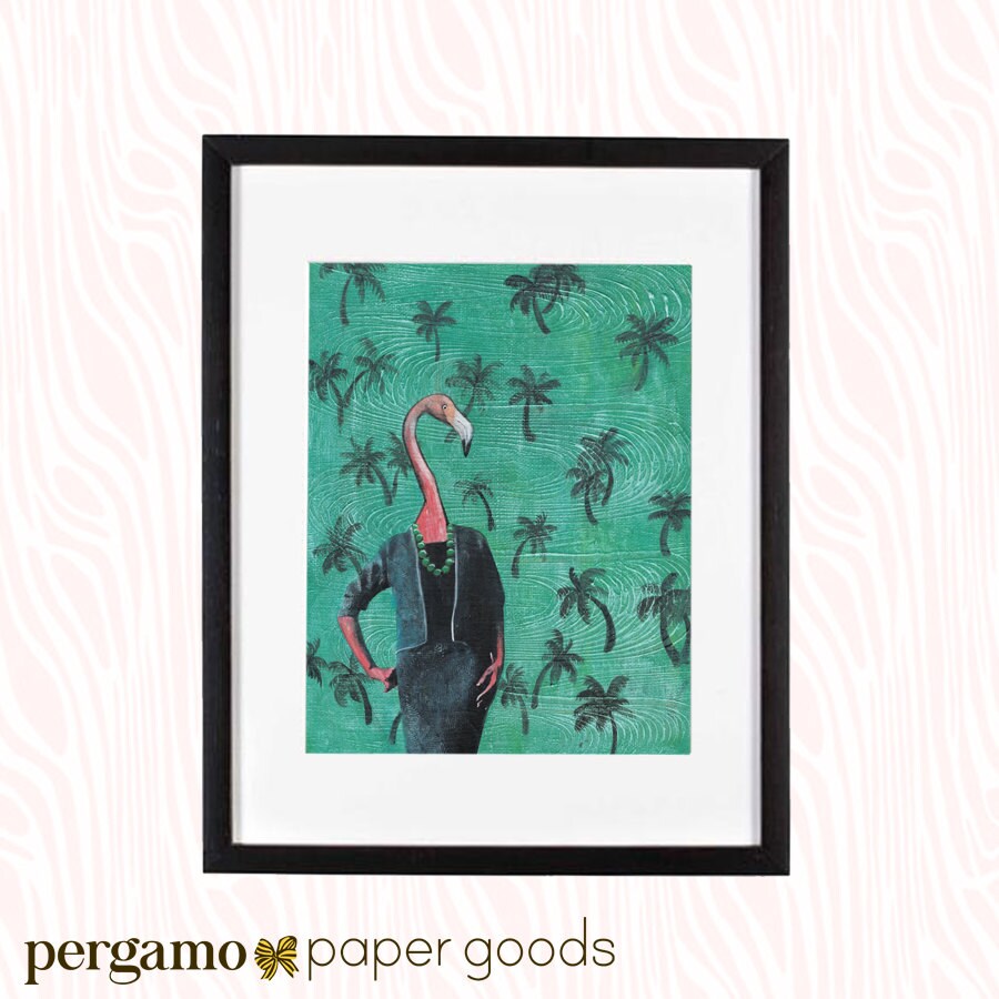 Flamingo Art Print, 8x10 Retro Flamingos Vintage Florida House Gift, Nostalgic Palm Trees, Mixed Media Collage, Weird Art Miami Tropical - Thumbnail 2