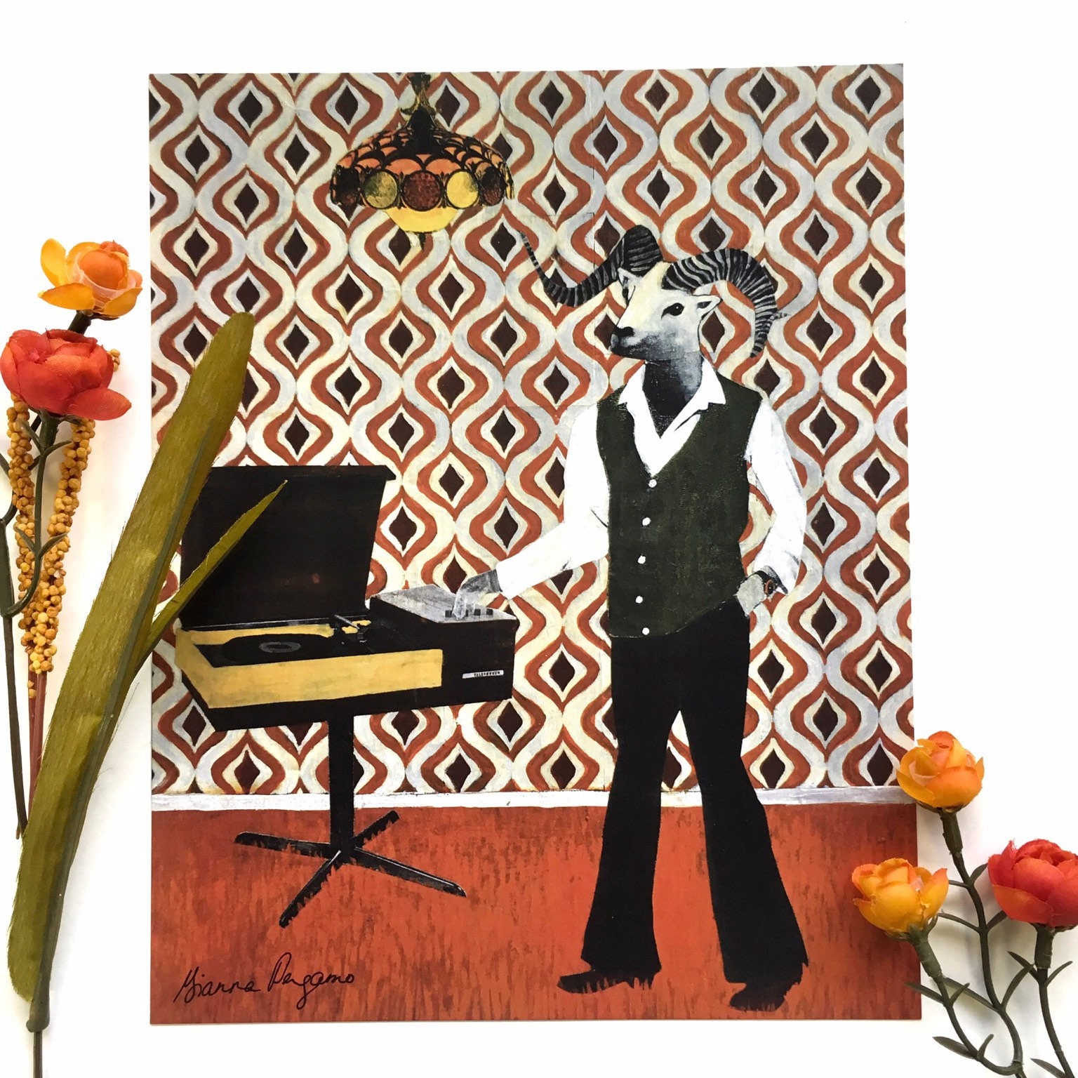 Weird Art, Retro 70s Sheep Animal Art Print, 8x10" Surreal Illustration, Cool Bathroom Decor, Record Player, Bar Gift Vintage Gifts for Dad