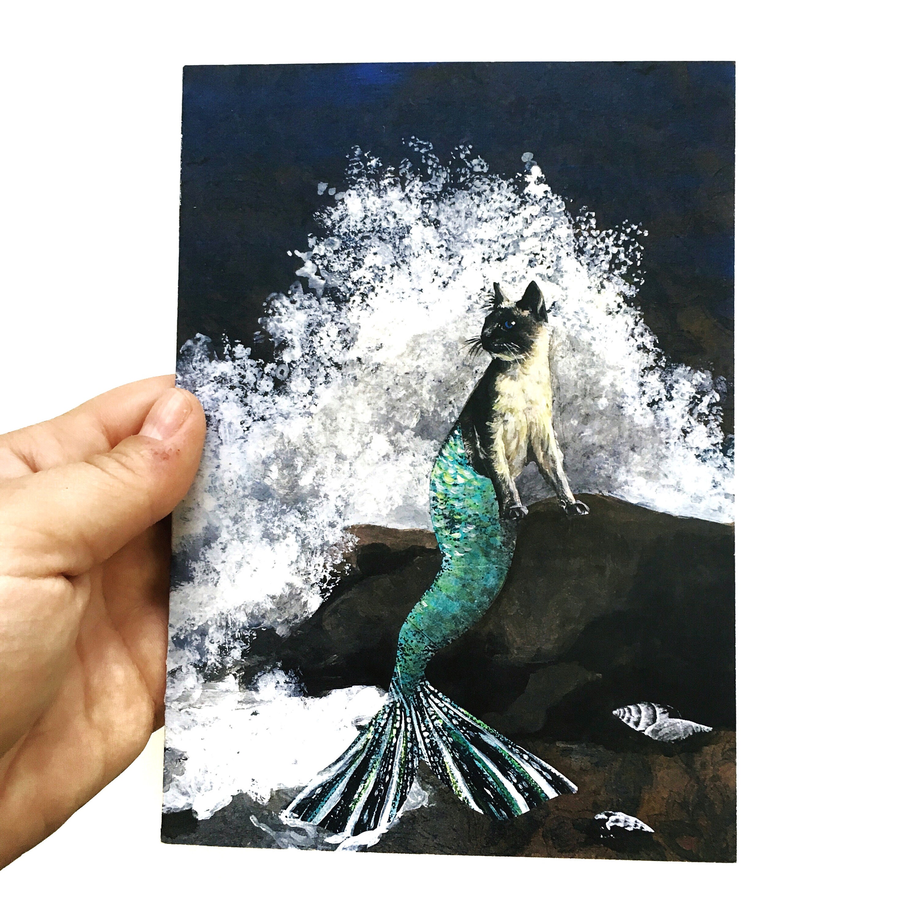 Mermaid Cat Card, Cat Lover Mer-Cat Greeting Cards, Unique Cat Illustration, Weird Art, Vintage Mermaid Surreal Kitty Stationery, Wholesale