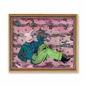 May include: A framed illustration of a pig wearing a blue jacket and green pants, sitting on a pink and black patterned background with butterflies.
