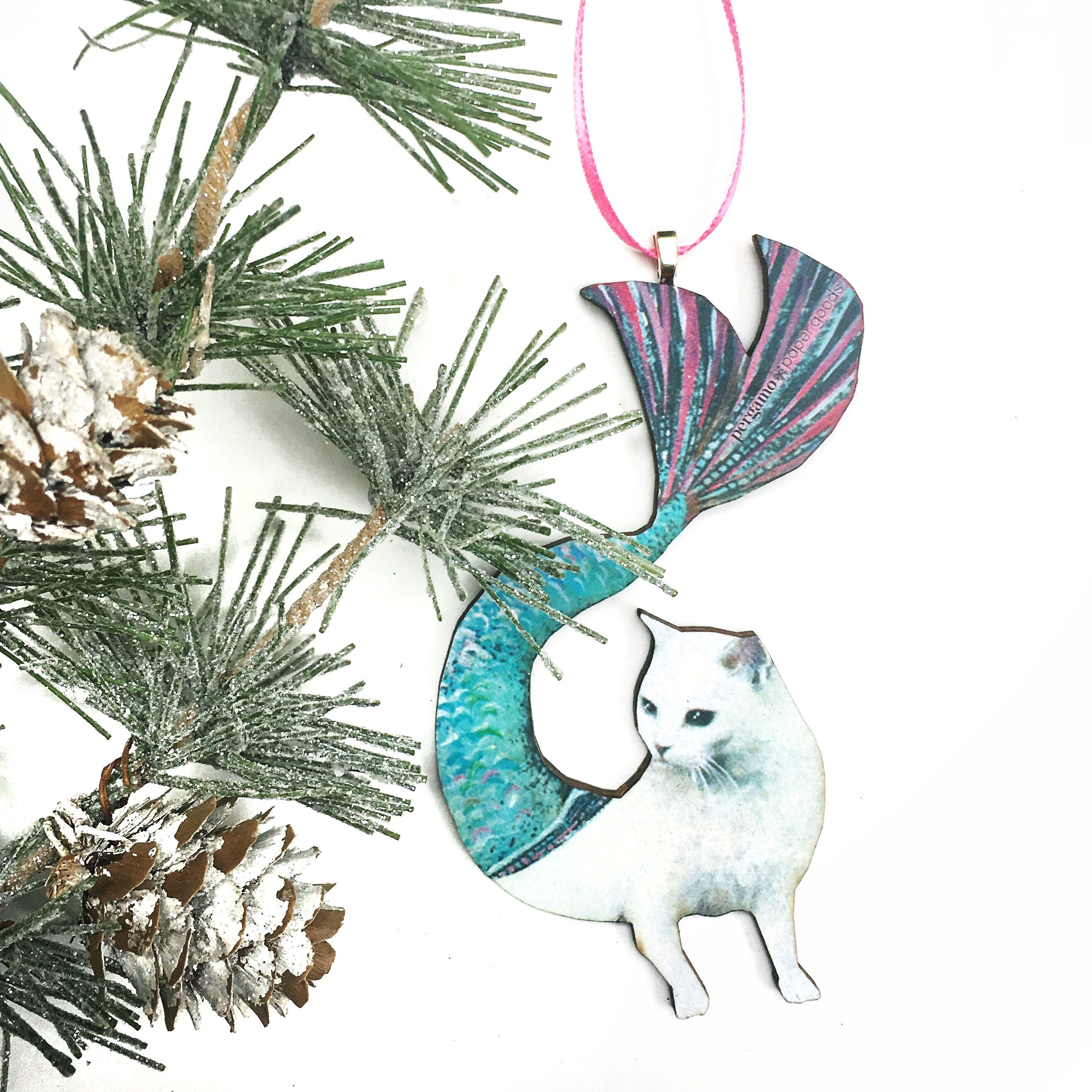 Mermaid Cat Ornament, Collectible Christmas Decoration Ornaments, Weird Gift, Laser Cut Wood, Animal Rescue Foster Gifts for Cat Lovers