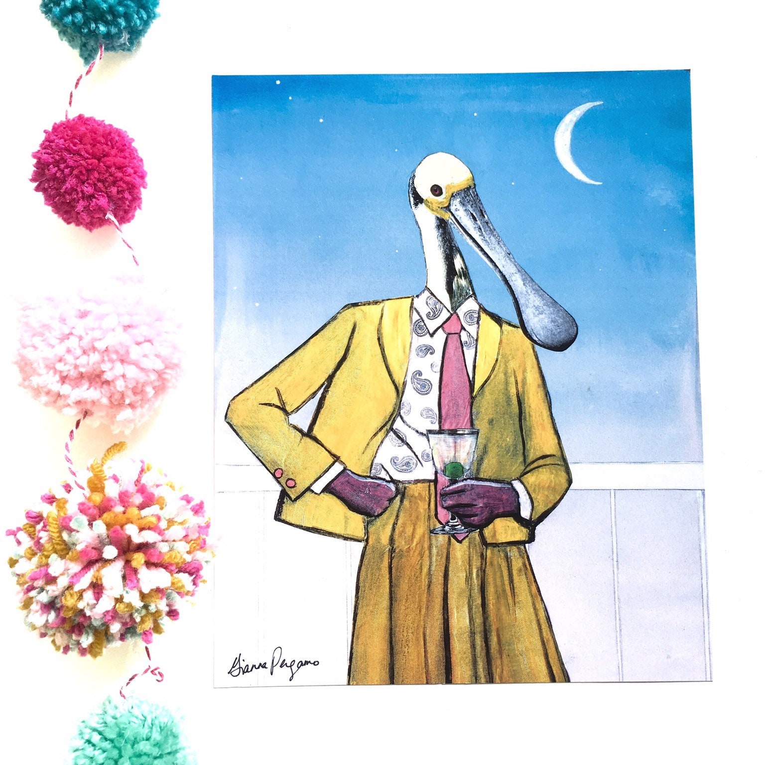 Weird Florida Art Print, 8x10" Spoonbill Illustration, Vintage Bathroom Decor, Bird Lover Funny Animal Mixed Media Lesbian Art Miami Paisley - Thumbnail 3