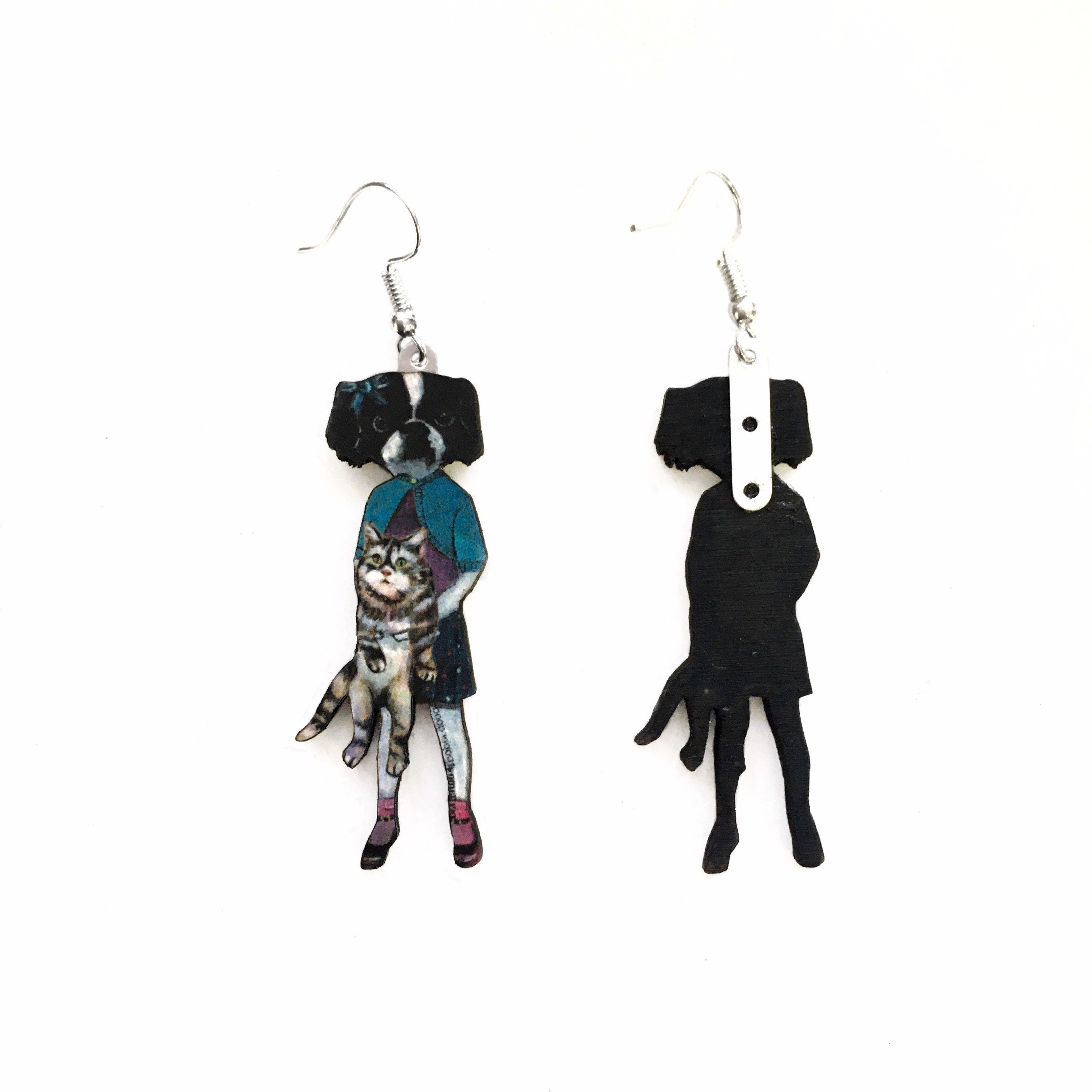 Quirky Earrings, Weird Art, Unusual Dog Earrings, Surreal Japanese Chin Gift, Illustrated Dressed Up Animal Jewelry Laser Cut Wood Gifts - Thumbnail 3