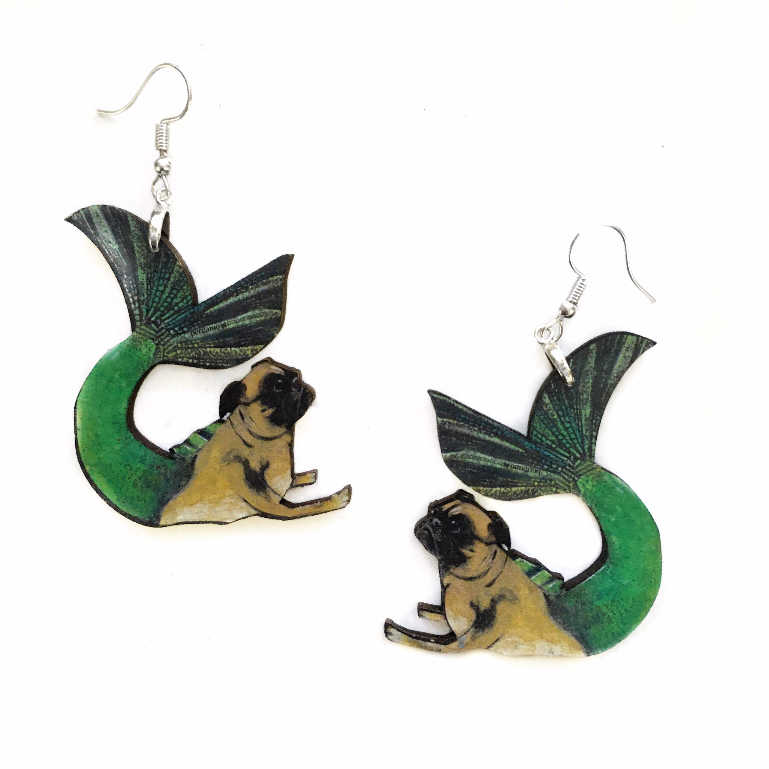Mermaid Pug Earrings, Weird Earrings, Kitsch Earrings, Dog Jewelry Laser Cut Wood Dangle Earrings, Illustrated Retro Fawn Pugs - Thumbnail 3