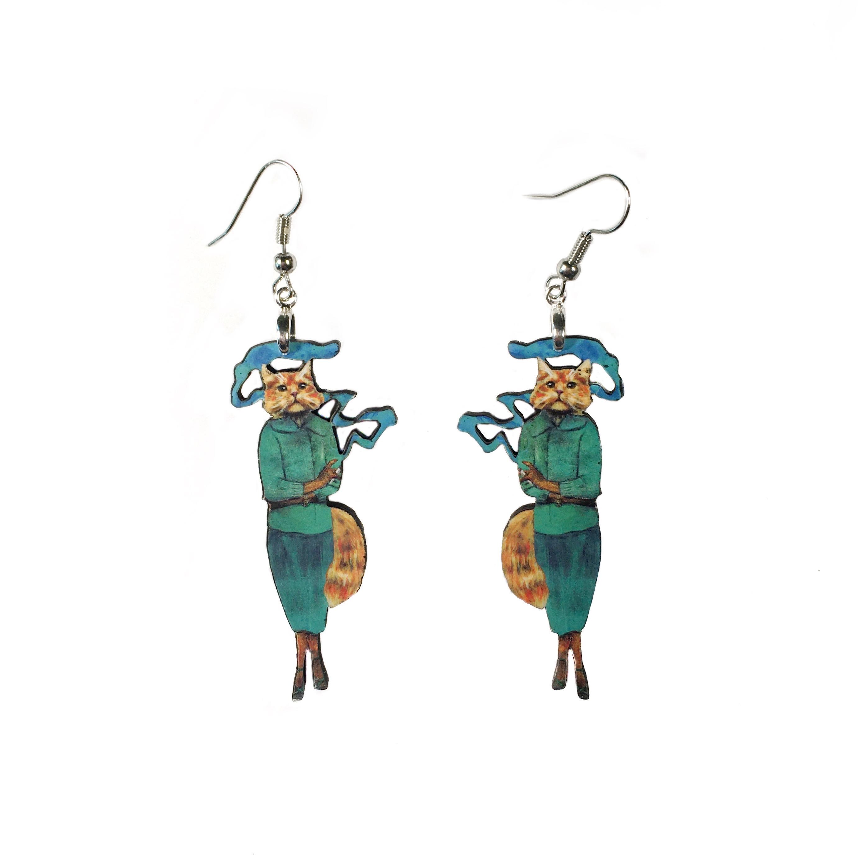 Cannabis Cat Earrings, Weird Lightweight Wood Animal Jewelry, Surgical Steel Dangle Clip On Illustrated Dressed Up Cat Smoking Funny