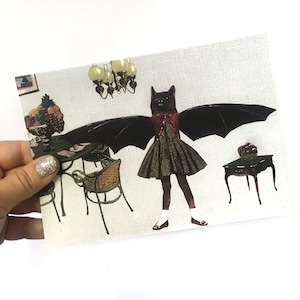 Karta nietoperza, dziwne karty, dziwna sztuka retro, papeteria gotyckie zwierzęta, surrealistyczne prezenty na Halloween w stylu vintage, goblincore, kolaż zwierząt pergamo
