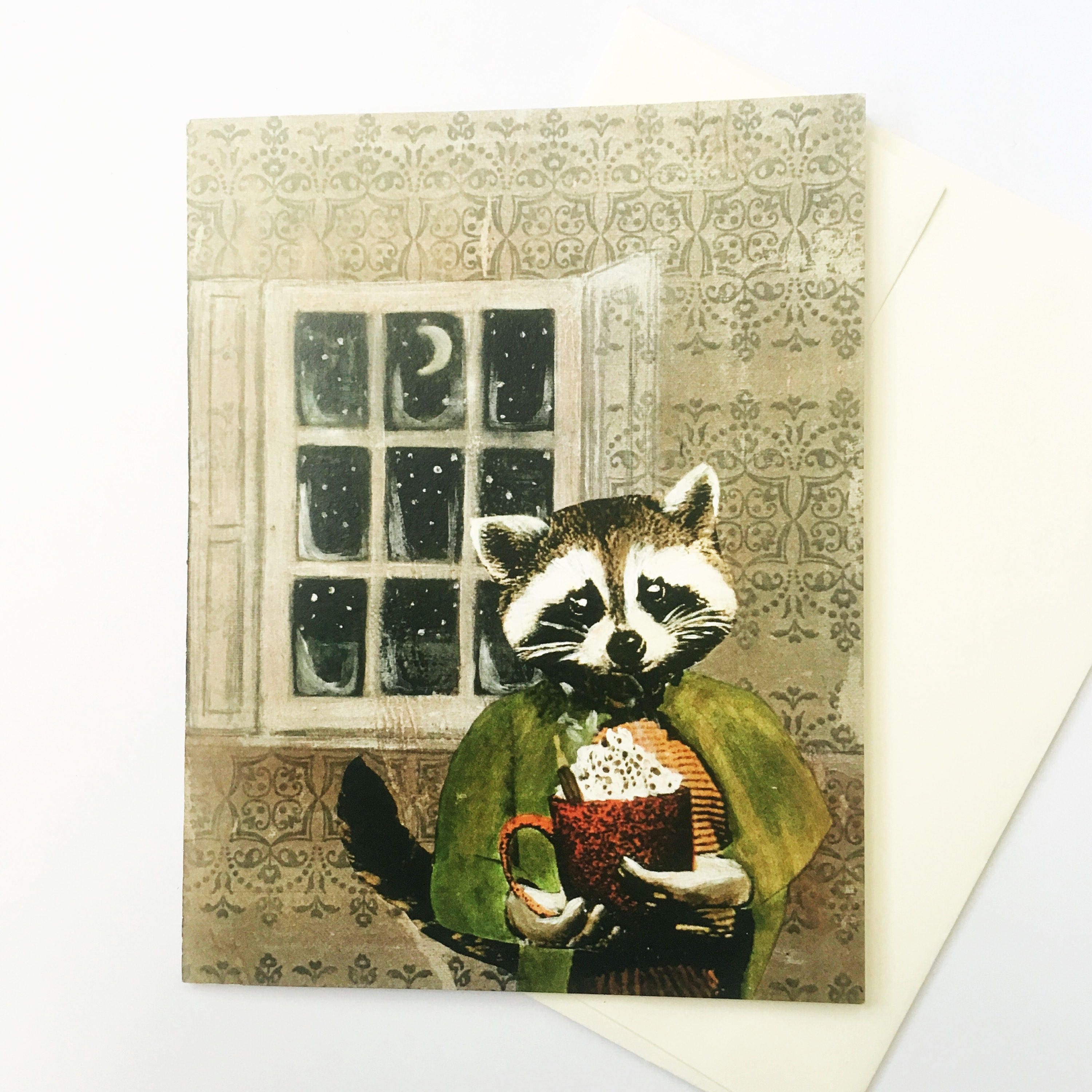 Autumn Fall Card or Card Set, Raccoon Cards, Quirky Hot Cocoa Animal Retro Holiday Card, Surreal Vintage Christmas, Weird Art Wholesale cute - Thumbnail 2