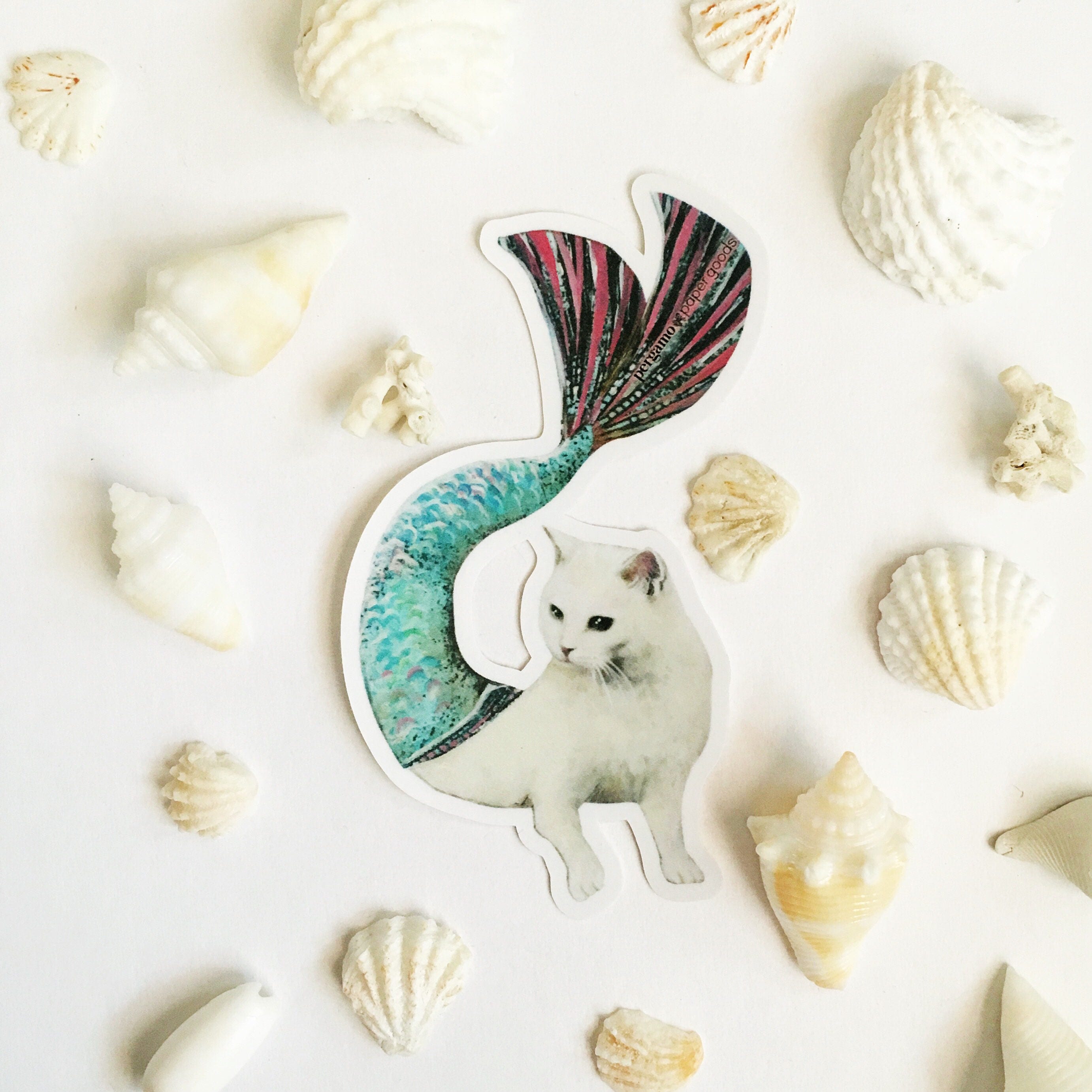 Mermaid Cat Sticker, Vinyl Laptop Stickers, White Cat Mermaid Decals, Cute Cat Mom Crazy Cat Lady Kitten Decal Animal Rescue, Wholesale - Thumbnail 2