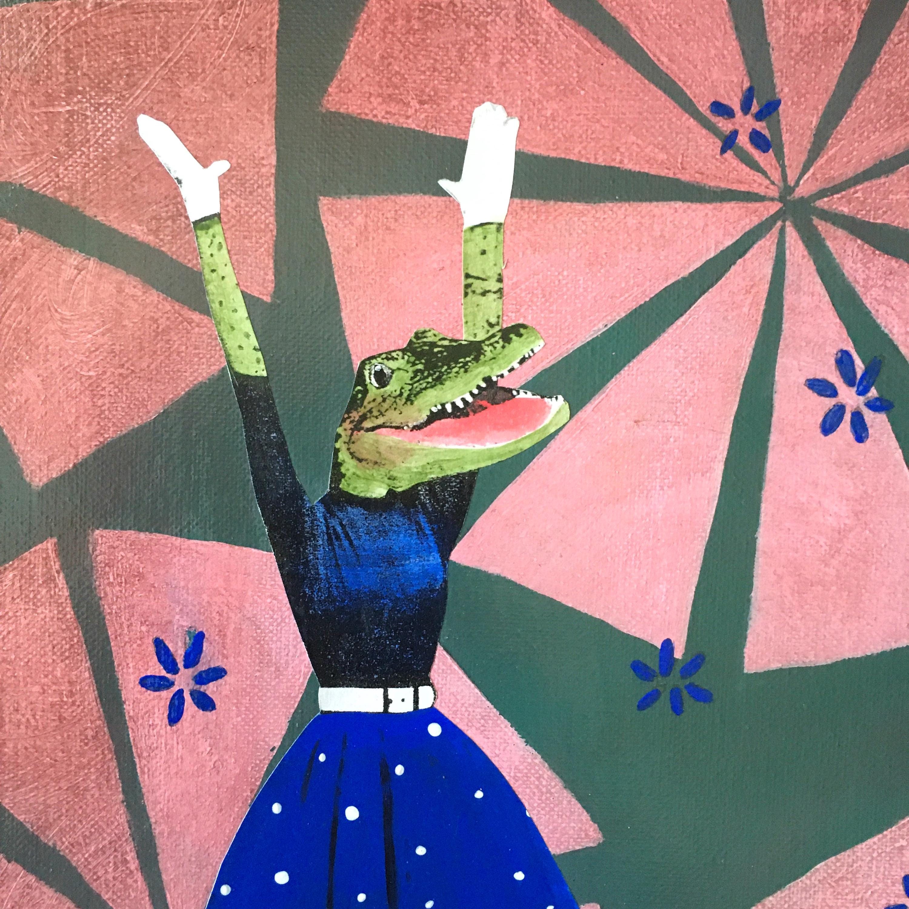 Retro Alligator Painting, Vintage Inspired Mixed Media Art, Collage Wall Painting, Original Acrylic Wall Art, Weird Animal Lover Gift Blue