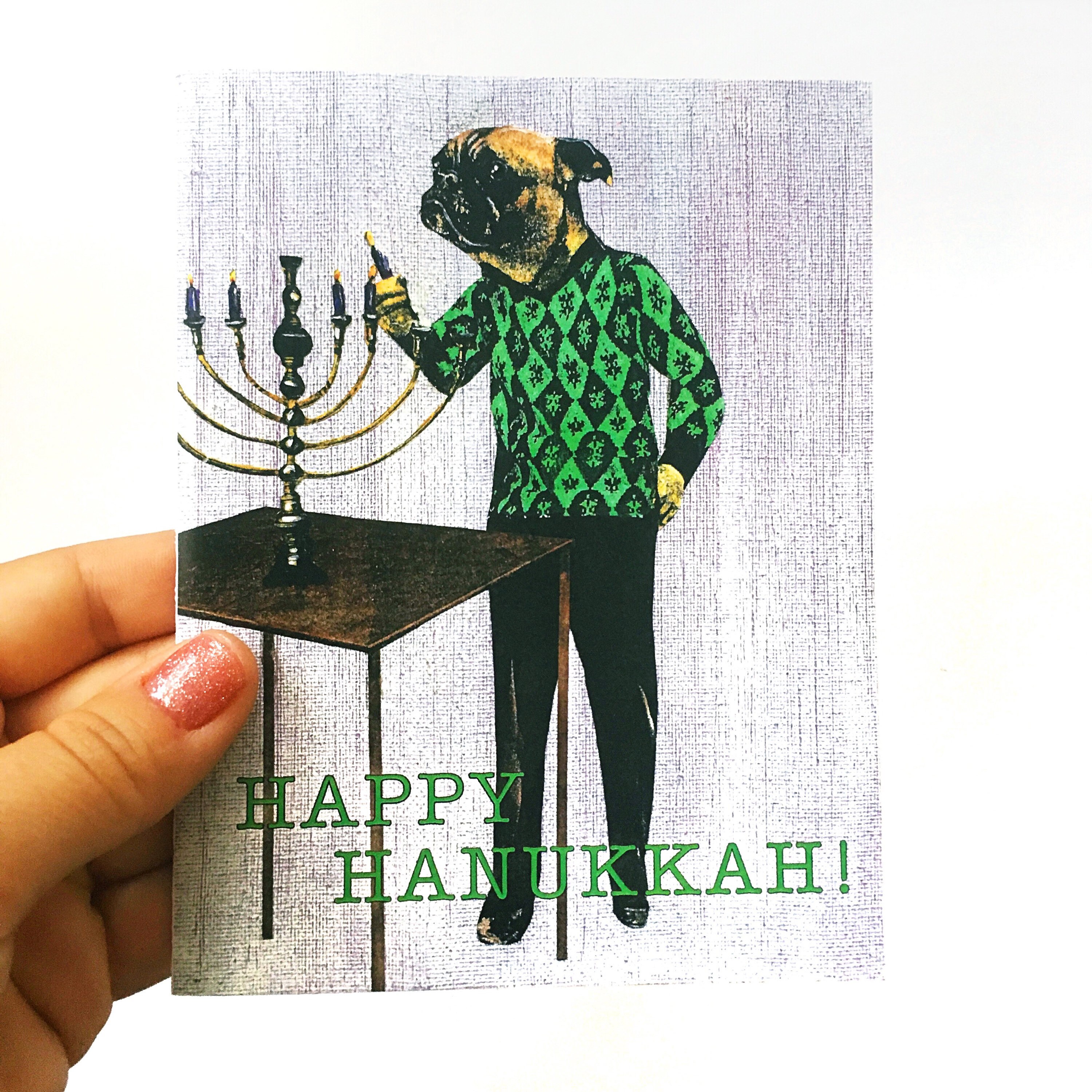 Pug Hanukkah Card or Card Set, Jewish Pug Dog, Weird Unique Chanukah Cards, Jew Holiday Stationery, Funny Surreal Fancy Animals, Wholesale - Thumbnail 4