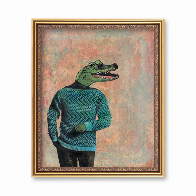Alligator Art, Weird 8x10 Crocodile Print, Vintage Florida Housewarming Gift, FL Gifts, Dressed Up Animals, Animal Decor for Men Boyfriend - Thumbnail 2