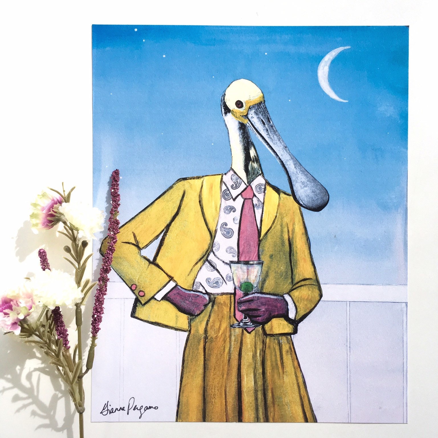 Weird Florida Art Print, 8x10" Spoonbill Illustration, Vintage Bathroom Decor, Bird Lover Funny Animal Mixed Media Lesbian Art Miami Paisley - Thumbnail 5