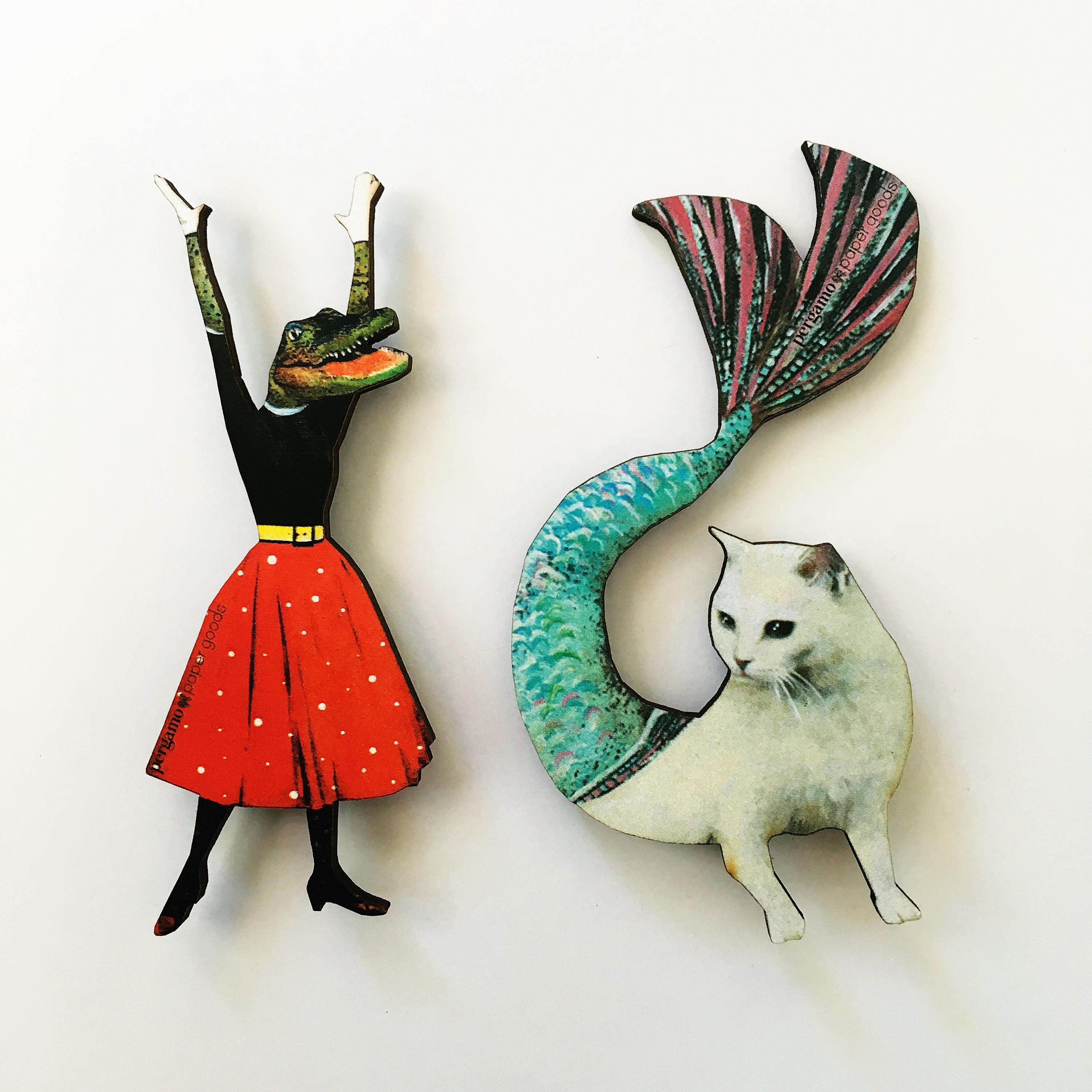 Animal Magnet Set, Alligator and Mermaid Cat Refrigerator Magnets Fridge, Illustrated Laser Cut Wood, Weird Art Gifts, FL Florida Souvenir - Thumbnail 2