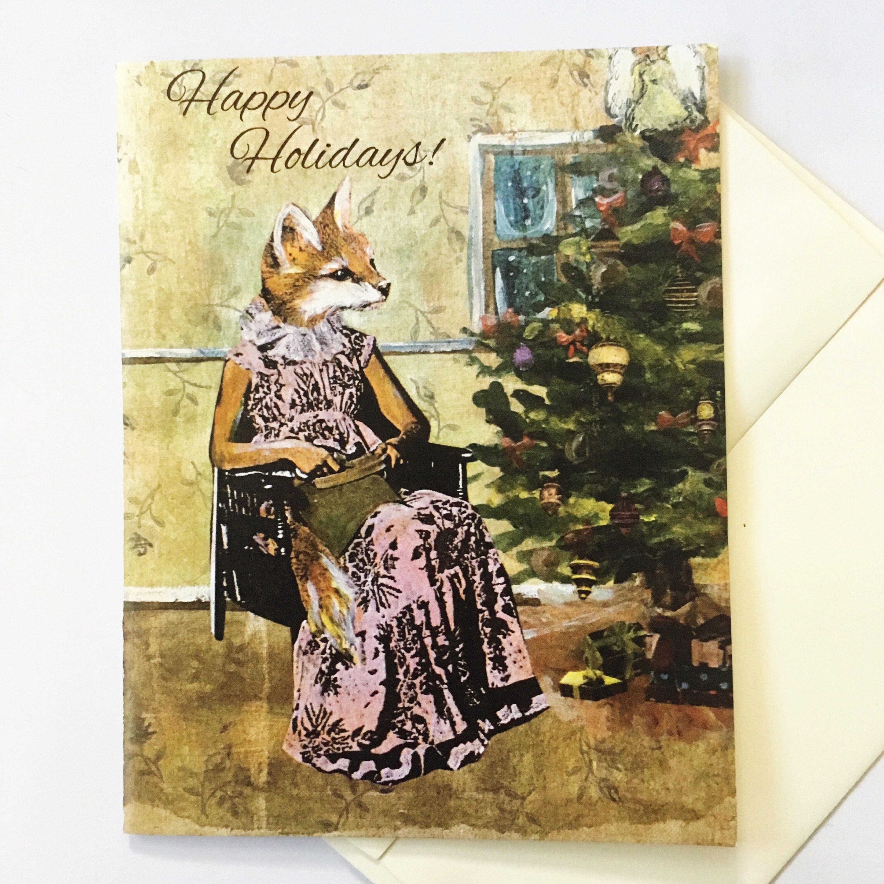 Fox Holiday Card or Card Set | Weird Christmas Happy Holidays | Retro Holiday Card | Unique Holiday Stationery Set | Fancy Animals Card - Thumbnail 2