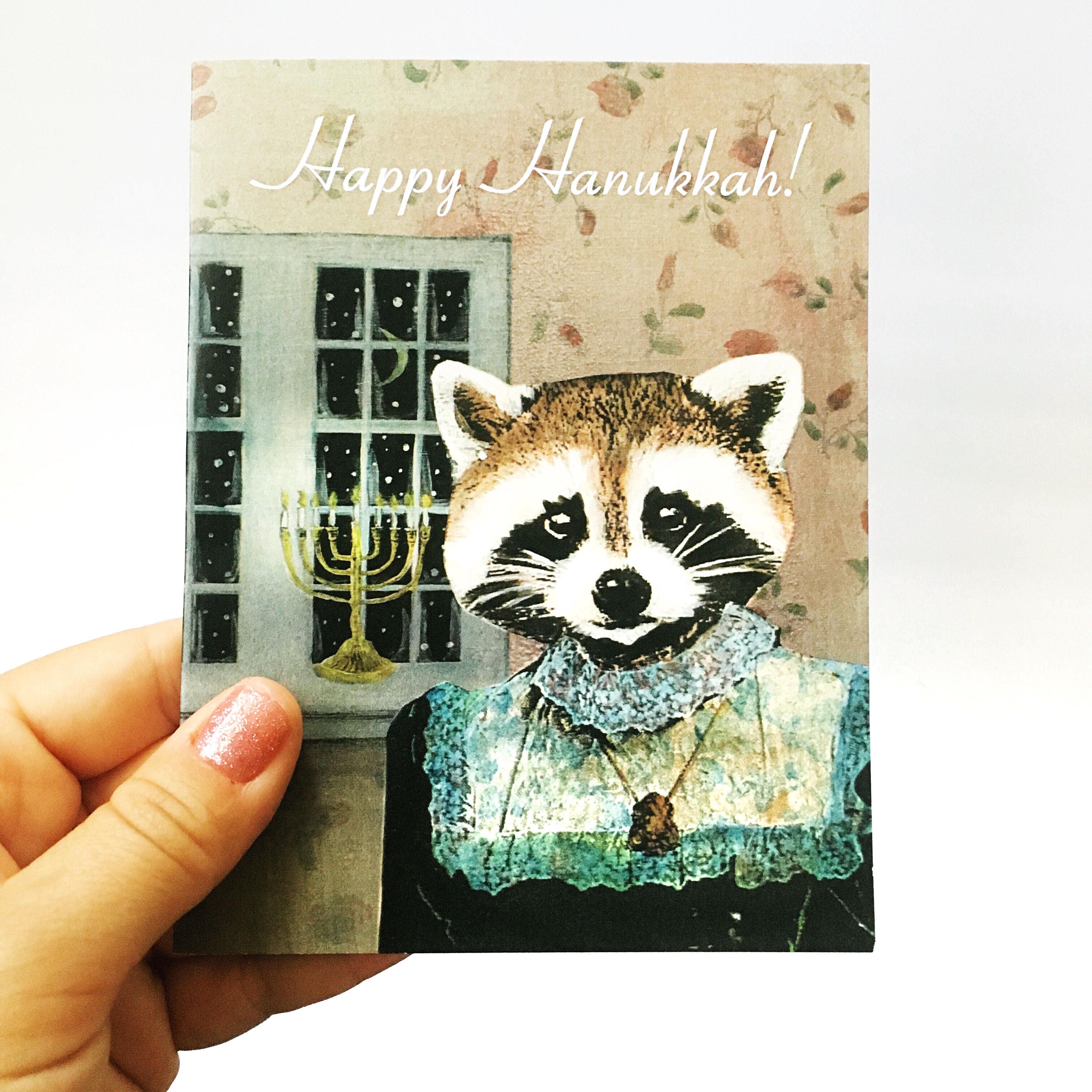Animal Hanukkah Card or Card Set, Hanukkah Raccoon Cards, Unique Chanukah Menorah Funny Weird Jewish Holiday Stationery Set, Fancy Animals - Thumbnail 2