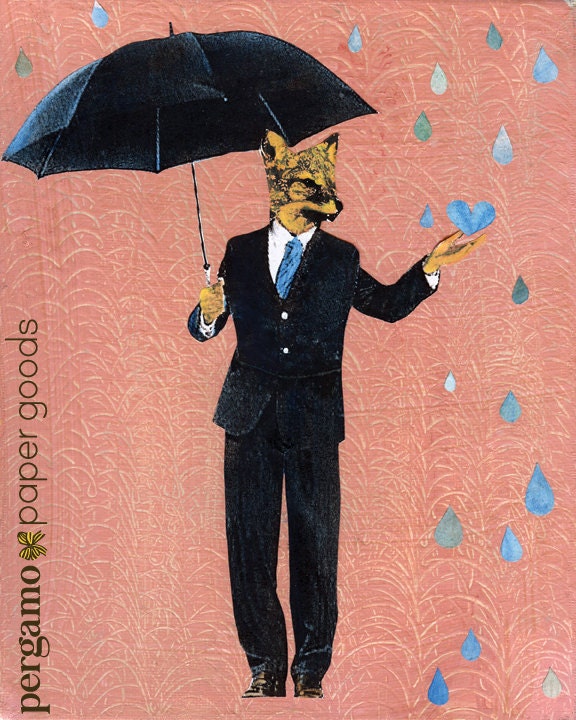 Fox Art Print, 8x10 Fox Holding Umbrella, Retro Dressed Up Animals in Clothes, Weird Art, Vintage Animal Decor, Rainy Season, Sun Shower