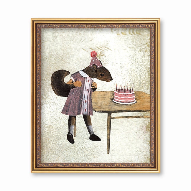 Squirrel Art Print, Baby Girl Nursery, Animal Birthday Cake, Mixed Media Collage, Cute Art, Rockabilly Art, Weird Art Cottagecore Decor