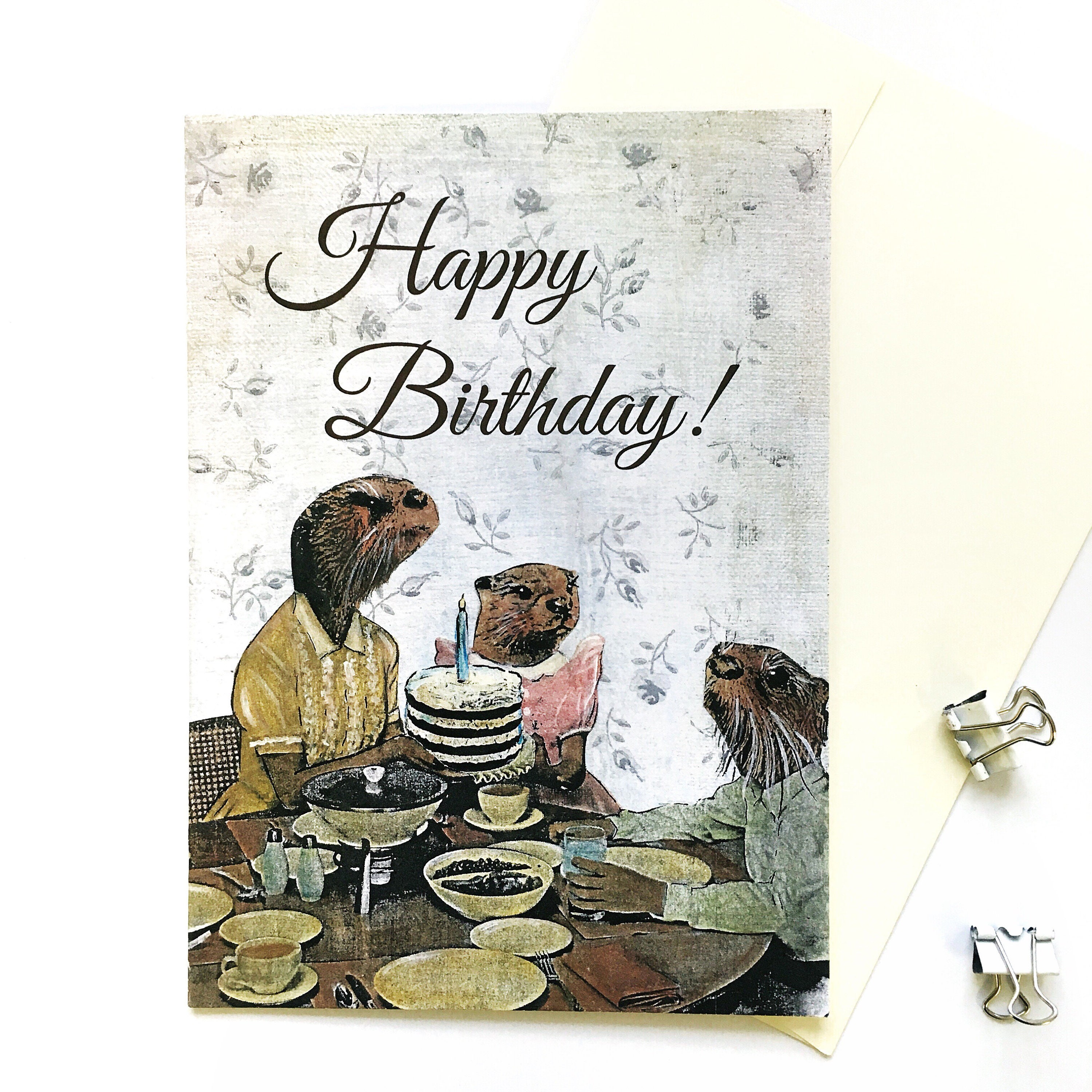 Otter Birthday Card, Illustrated Weird Greeting Cards, Vintage Otters, Unique Retro Animal Art, Rodent Fancy Animals, Wholesale Available - Thumbnail 2