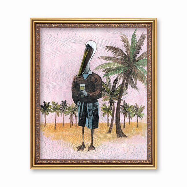 Pelican Art Print, 8x10" Unique Father's Day Gift, Beer Art, Mixed Media Florida Beach House Wall Art, Man Cave Decor Weird Art Retro Decor
